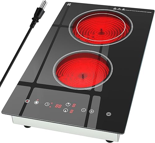 Placa de cocina eléctrica, 2 quemadores, estufa eléctrica radiante de 1800 W, 120 V con encimera y diseño integrado, placa de cerámica de control