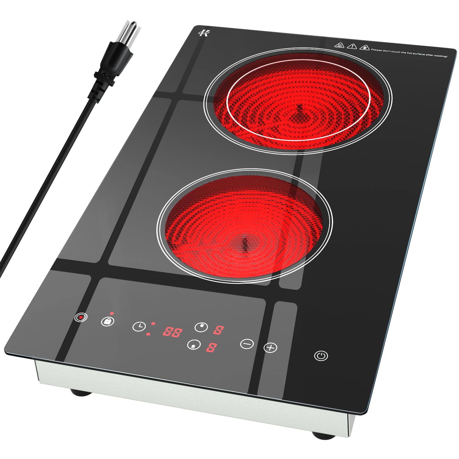 Zarbaco Electric Cooktop 2 Burner, 1800W Radiant Electric Stove Top 120V with Countertop & Built-in Design, 12 inch Touch Control Ceramic Cooktop with Safety Lock, 9 Level Power, Timer - Plug in