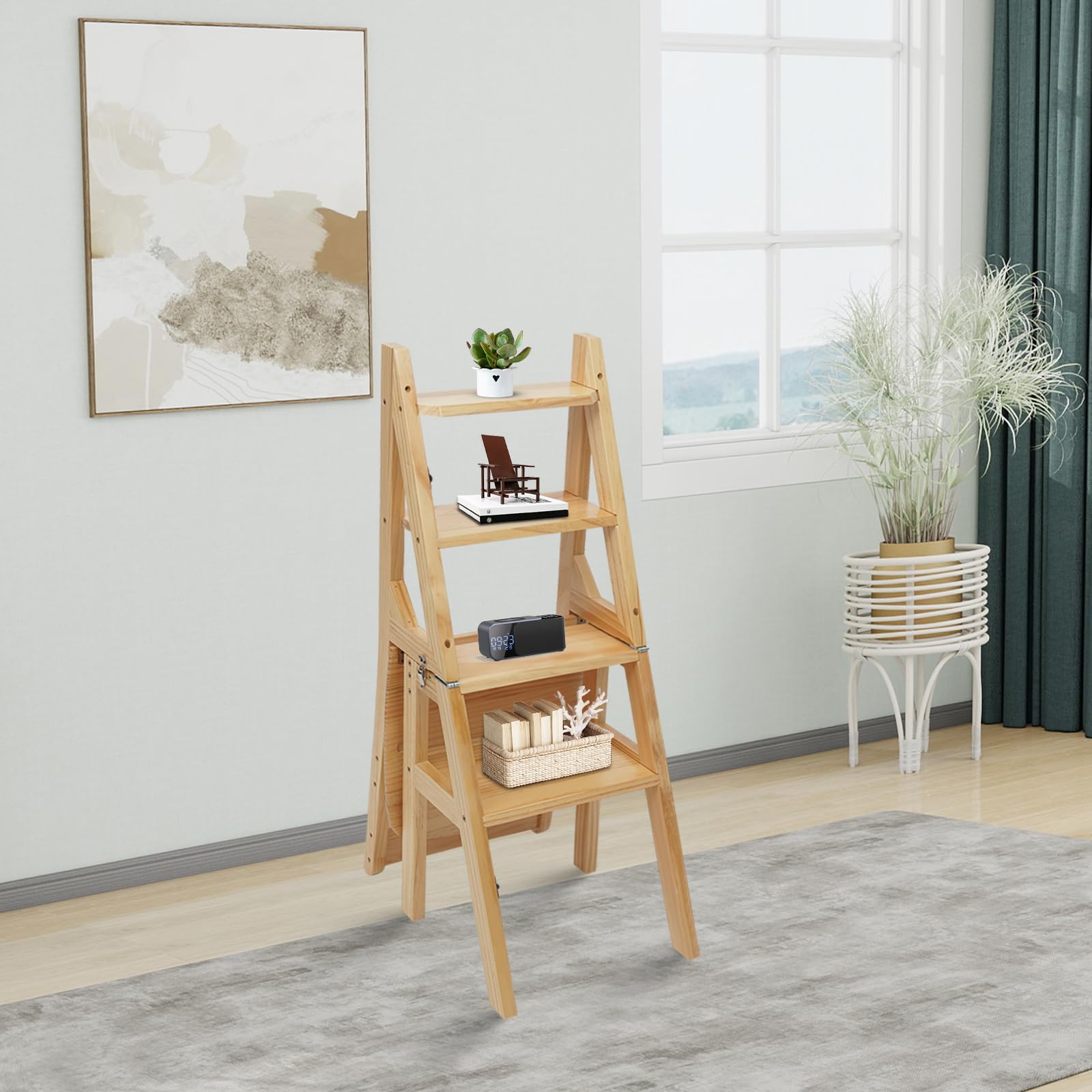 Taburete plegable de madera, 2 en 1, con cierres seguros, guante de protección, silla de escalera multifuncional para dormitorio, oficina, apartamento, cocina