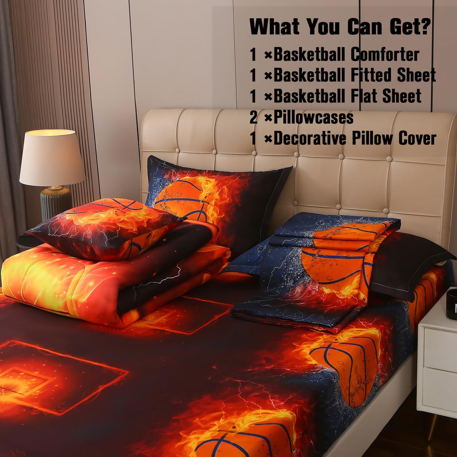 JQinHome Queen Basketball and Fire Bedding Set for Boys - 6 Piece Sport Themed Bed-in-A-Bag, All Season Soft Microfiber Comforter, Pillowcase, Flat Sheet, Fitted Sheet, and Cushion Cover