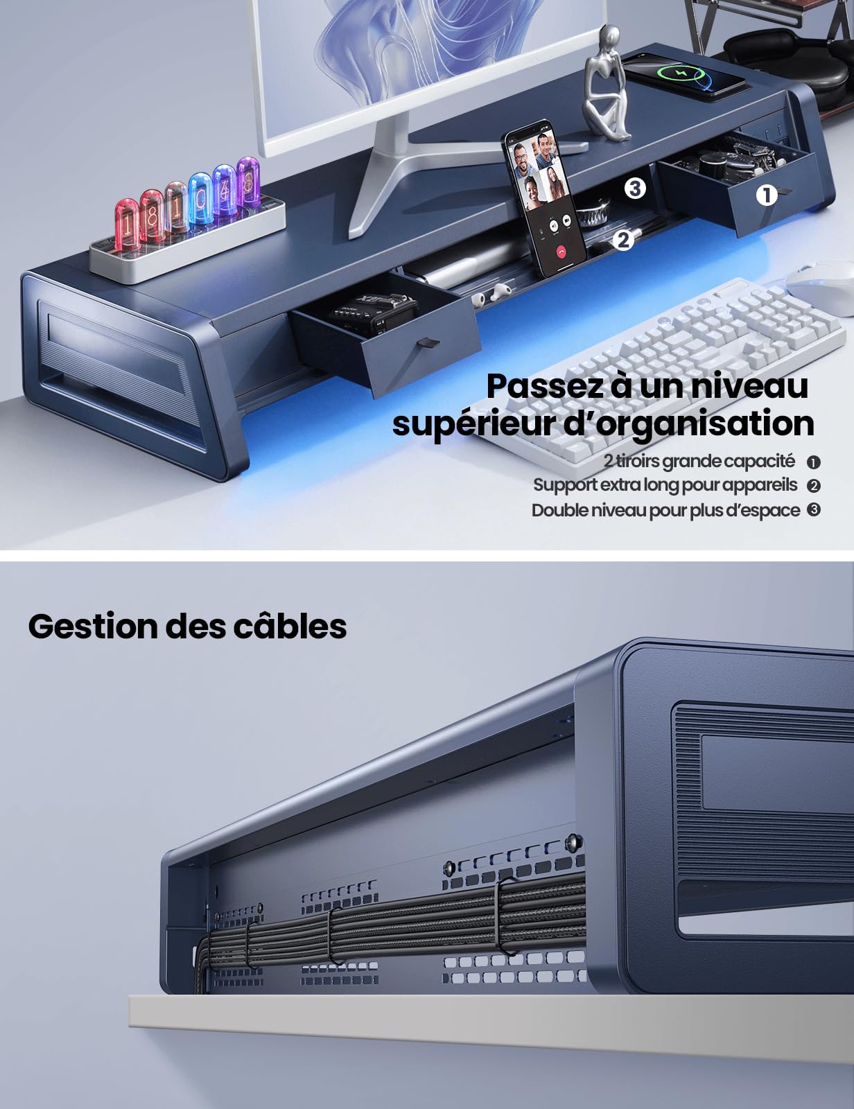 VAYDEER Support double moniteur avec 8 ports USB 3.0, support de transfert de données pour 2 moniteurs, support en métal pour PC, ordinateur portable, jusqu'à 32 pouces, noir