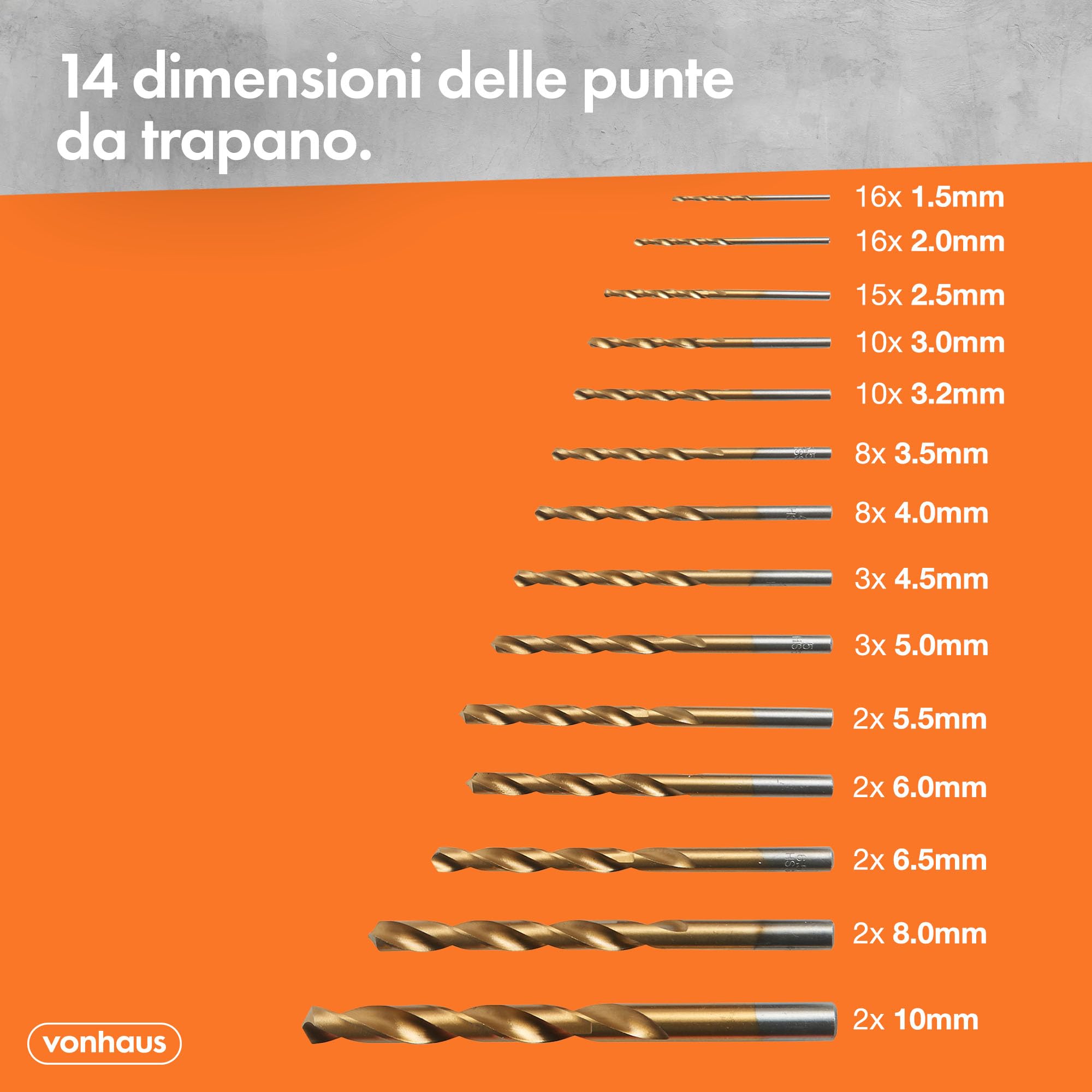 VonHaus HSS Set di Punte Trapano Metallo con Custodia - 99 Punte in Acciaio Rapido da 1,5-10 mm - Acciaio Rivestito in Titanio - Set Punte Trapano per Legno, Muratura e Metallo