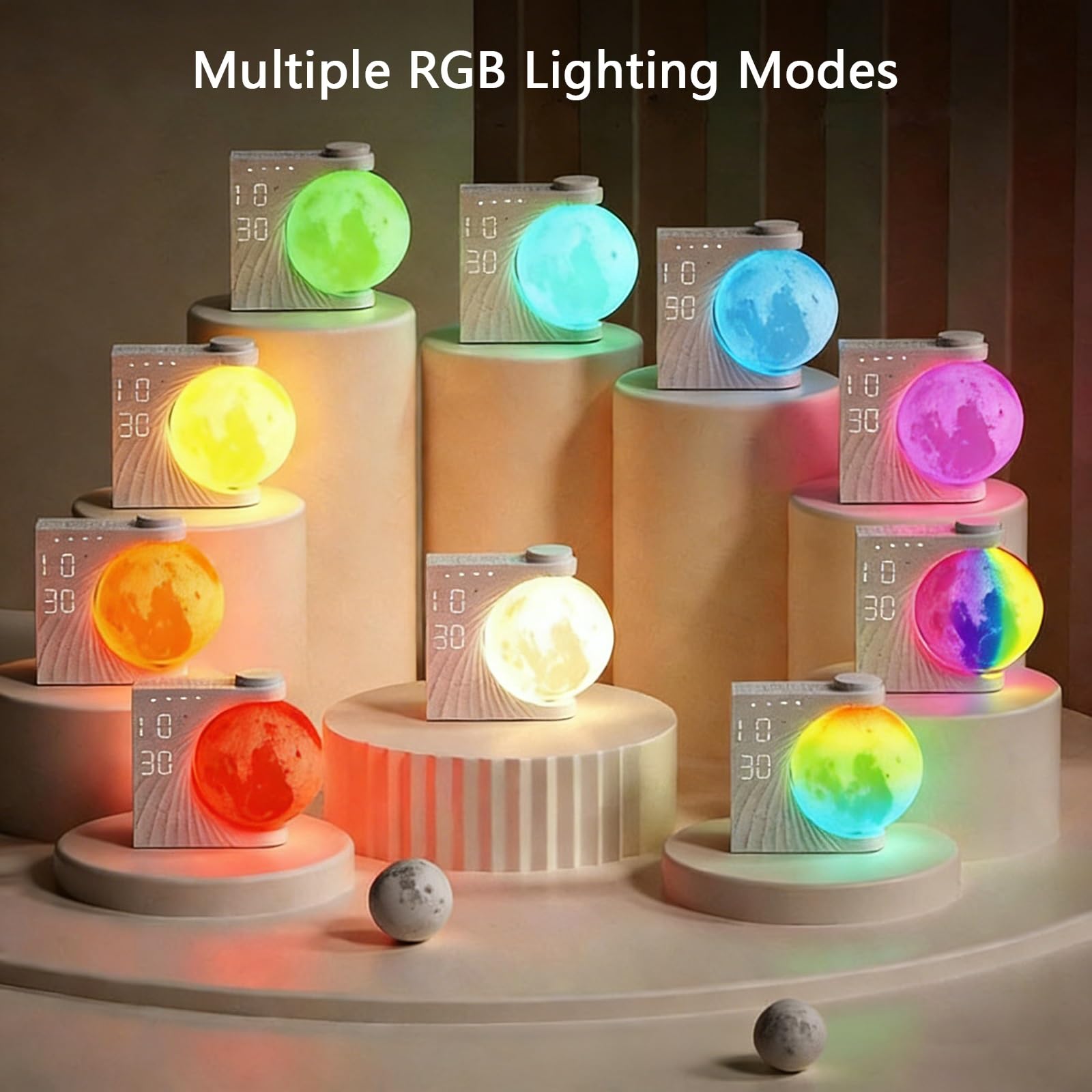 Réveil MoonRise Sunrise avec Lumière De Réveil et Lampe Lunaire RGB, Double Alarme, Fonction Snooze, Veilleuse pour Enfants et Adultes, Décoration De Chambre à Coucher