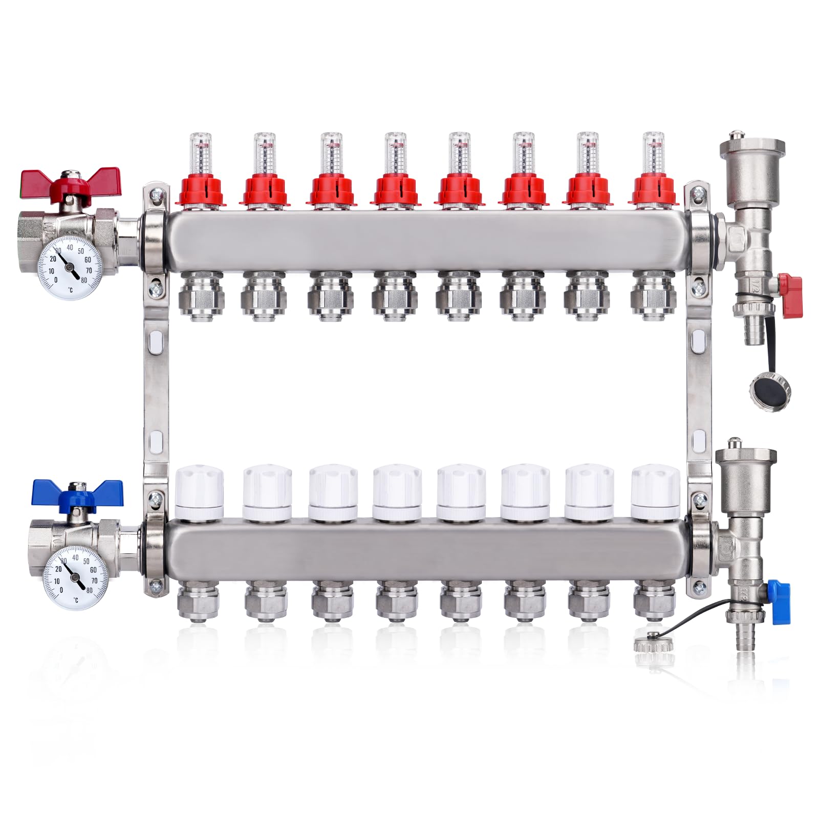 Distribuidor de circuito de calefacción con Eurokonus 3/4 (20 x 2 mm) + válvula de bola de 1" + termómetro | 8 circuitos de calefacción por suelo radiante con purgador manual, caudalímetro, 30 x 1,5 mm, distribución HKV