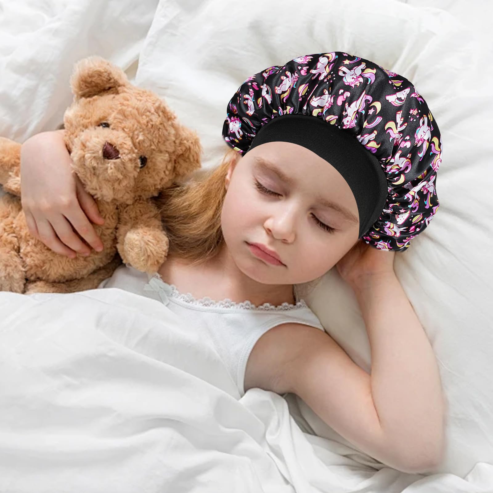 3 szt. Jedwabna czapka do spania dla dzieci, jedwabna czapka do spania, wielokrotnego użytku satynowa czapka z kręconymi włosami, czapka do spania do pielęgnacji włosów, dziewczęca satynowa