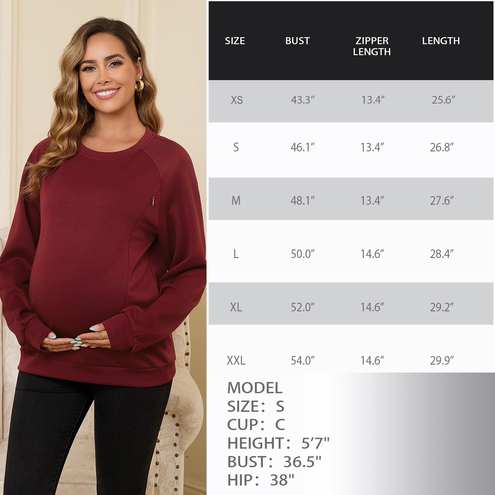 DEBELLY Stillfreundliches Sweatshirt für Damen, Doppelreißverschluss, langärmelig, Rundhalsausschnitt