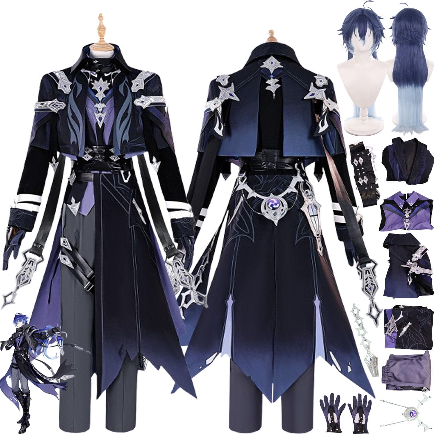 bbganlian Game Character Flins Cosplay Costume Outfit Kinich Varesa Durin Role Play Uniform Full Set Halloween Carnival Party Dress Up Suit with Wig for Men (S)