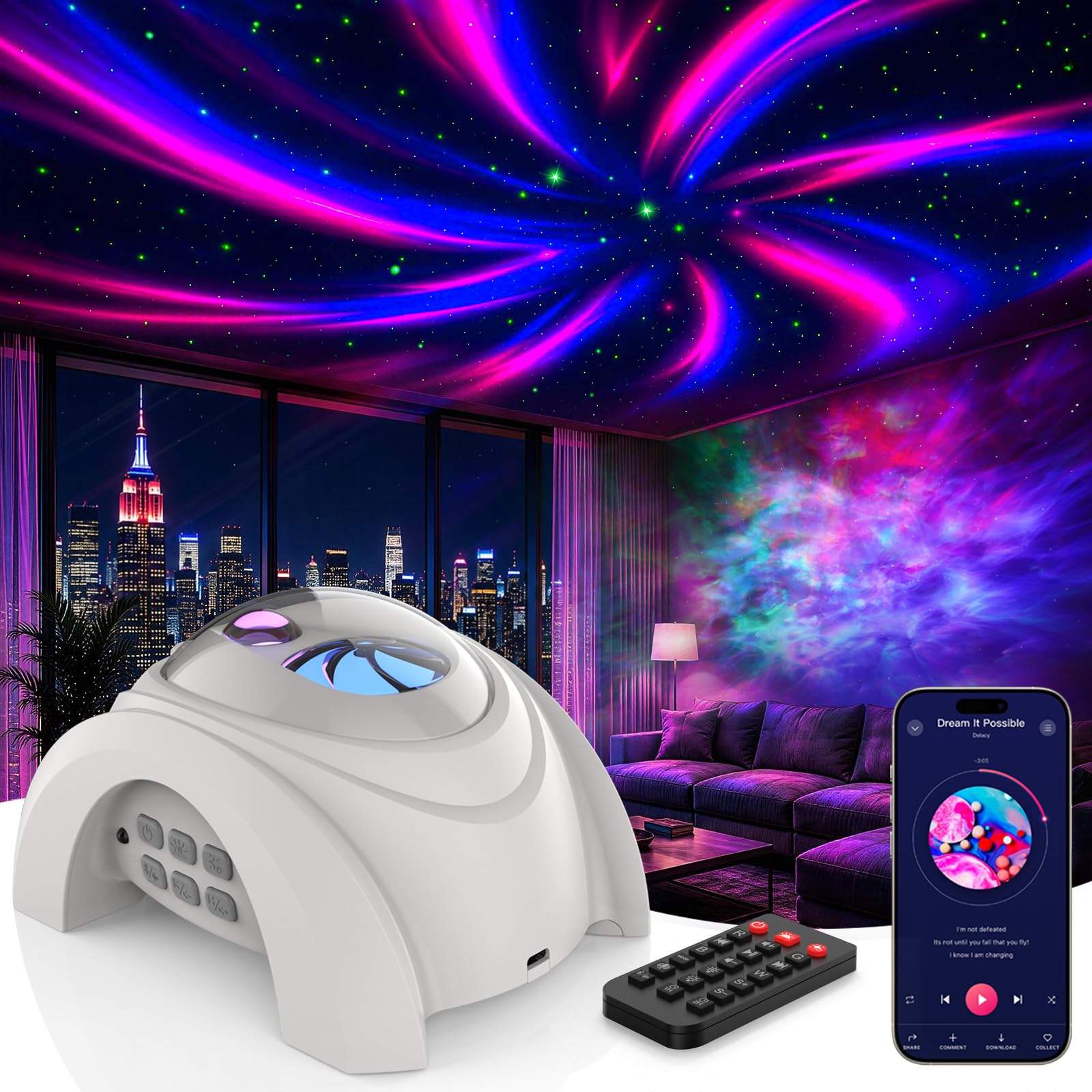Rossetta Dual Lens Galaxy Star Aurora Projector Night Light for Bedroom | 58 Light Effects, White Noise, Bluetooth Speaker, Music Sync, Remote Control, Timer, Room Decor Gift for Kids Adults Teens