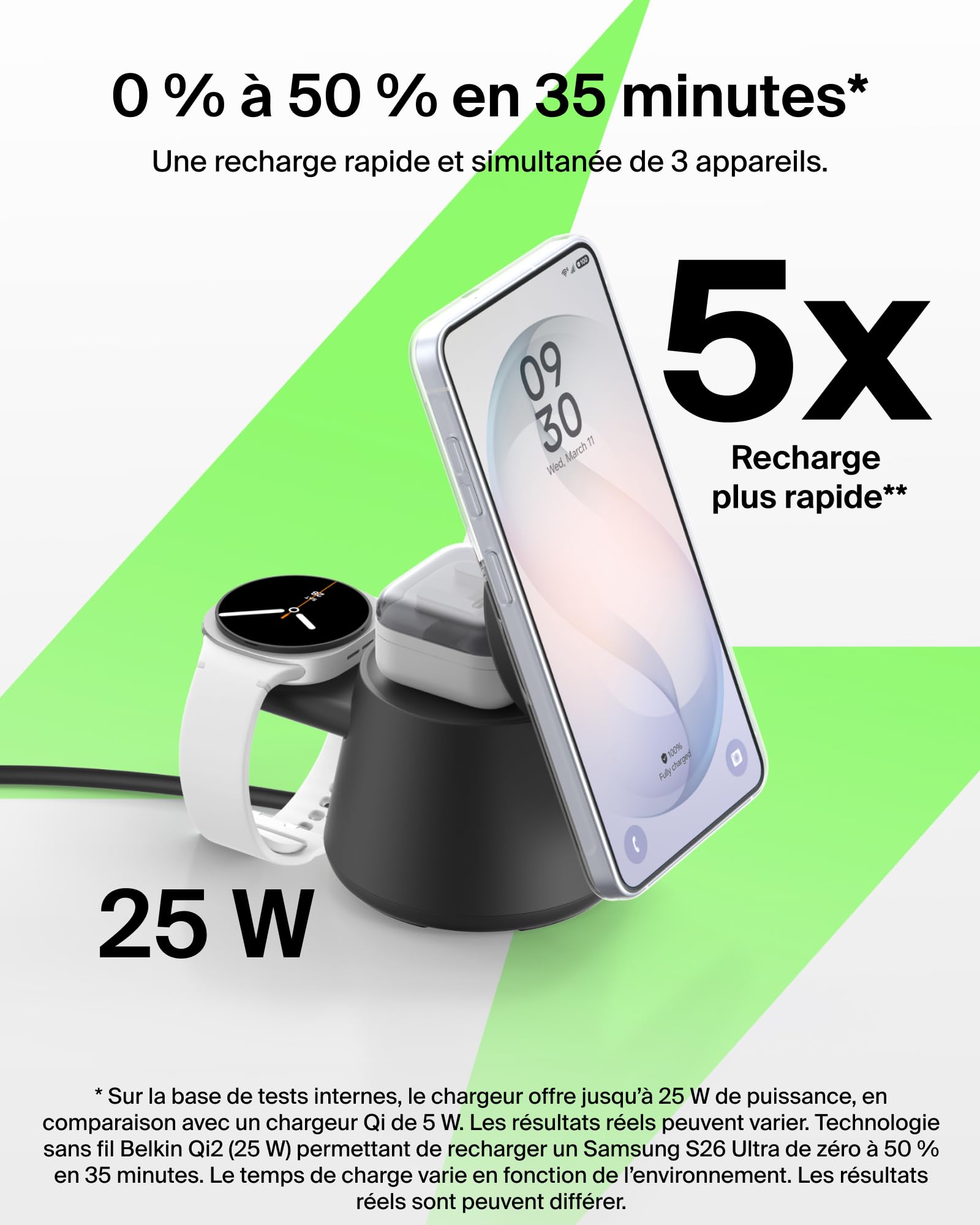 Belkin UltraCharge Station sans Fil 3-en-1 avec Qi2, 25 W - Noir | Chargeur Magnétique Qi2.2, USB-C, Chargeur Sans Fil Pour iPhone, Galaxy, Écouteurs, Montre Connectée, Adaptateur Secteur 45 W