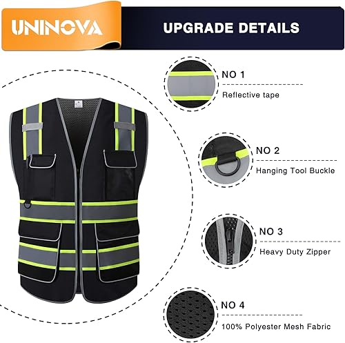 Miniatura 5 de Chaleco de seguridad Uninova de alta visibilidad, múltiples bolsillos, reflectante, malla transpirable, ropa de trabajo, estándares ANSIISEA