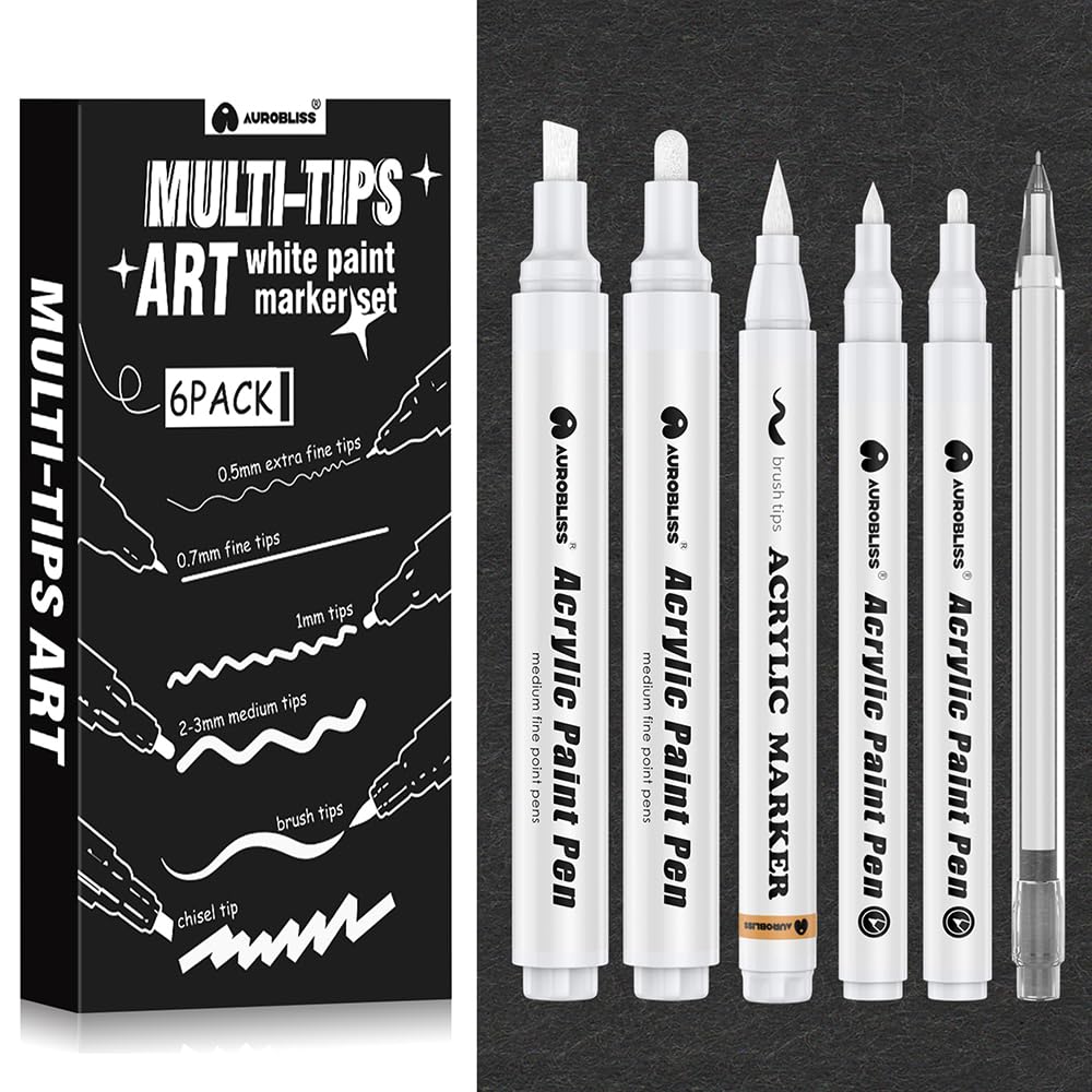 Aurobliss White Pen for Art 6pcs, Opaque White Paint Pen set with Brush Pen, Fineliner, chisel/medium/fine tip Acrylic Paint Pens for Black Paper Writing, Drawing — image 1
