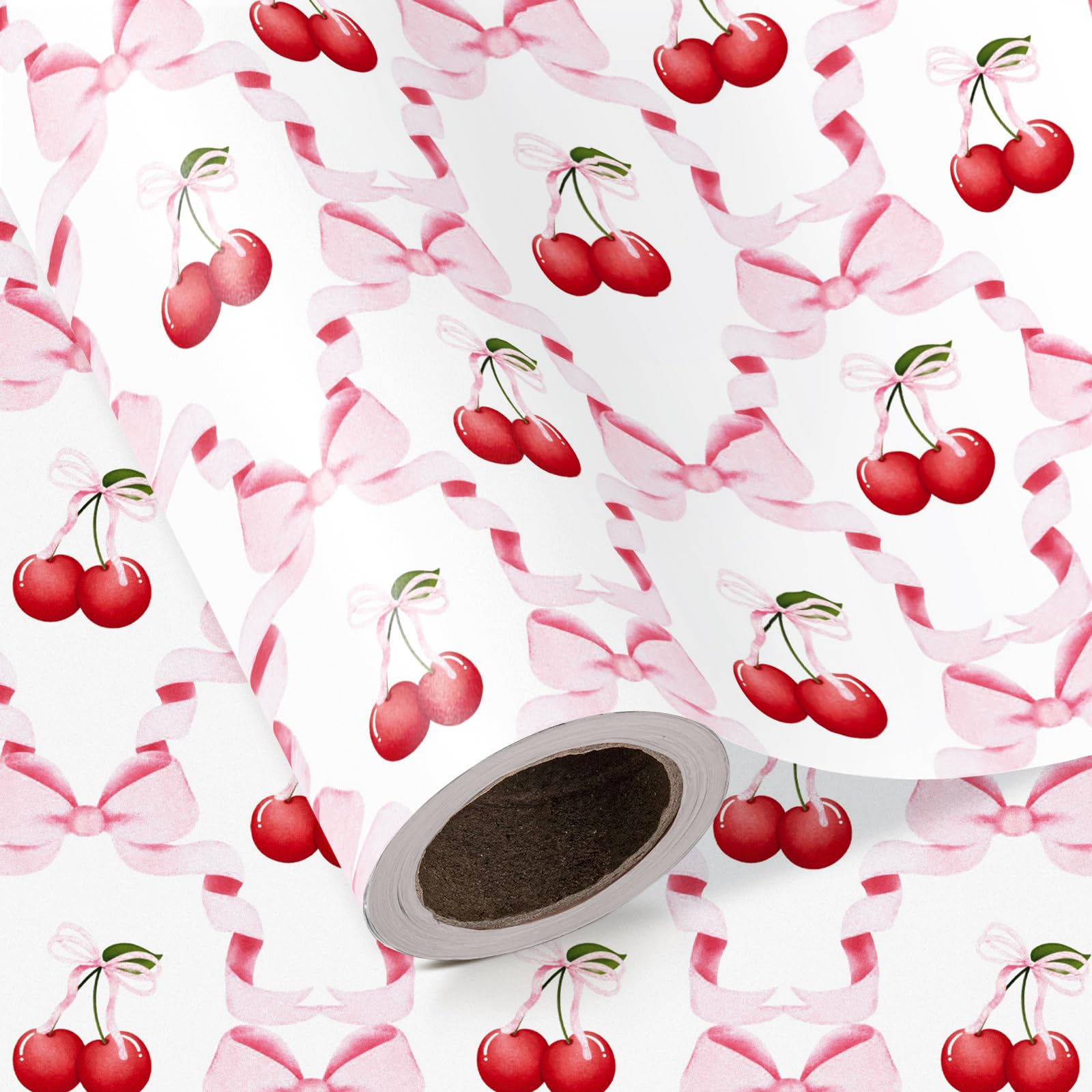 RUSPEPA Cherry Bow Wrapping Paper Roll - Mini Roll - 43.2cm x 5m - Coquette Cherry Bow Wrapping Paper Perfect for Girl Birthday, Valentine's Day, Bachelorette