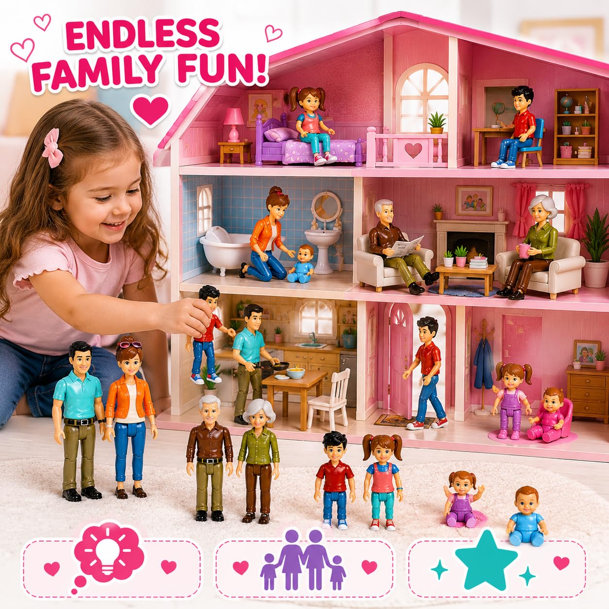 Beverly Hills Sweet Li’l Family Bendable Mini Dollhouse Figures | Set of 9 Grandpa, Grandma, Mom, Dad, Sister, Brother, Toddler, Twin Boy & Girl Pretend Play (1:12 Scale) — Amazon image 4