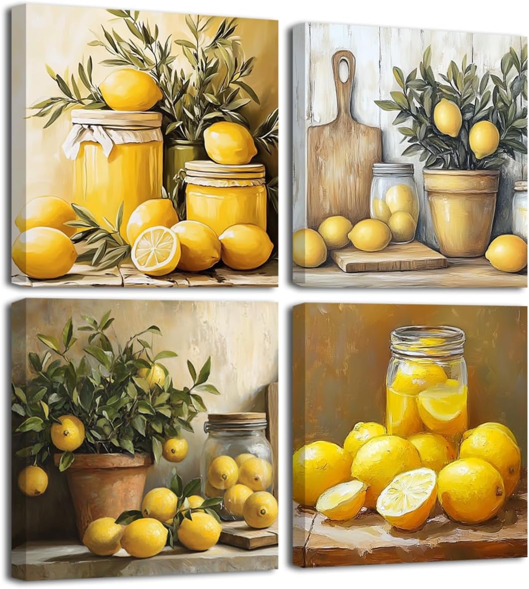 SWQYLB Lemon Canvas Wall Art Lemon Pictures for Kitchen 4 Panel Citrus Fruit Summer Poster Prints Yellow Fruit Painting for Restaurant Dining Room Framed (Yellow, 12x12inchx4 Pieces)