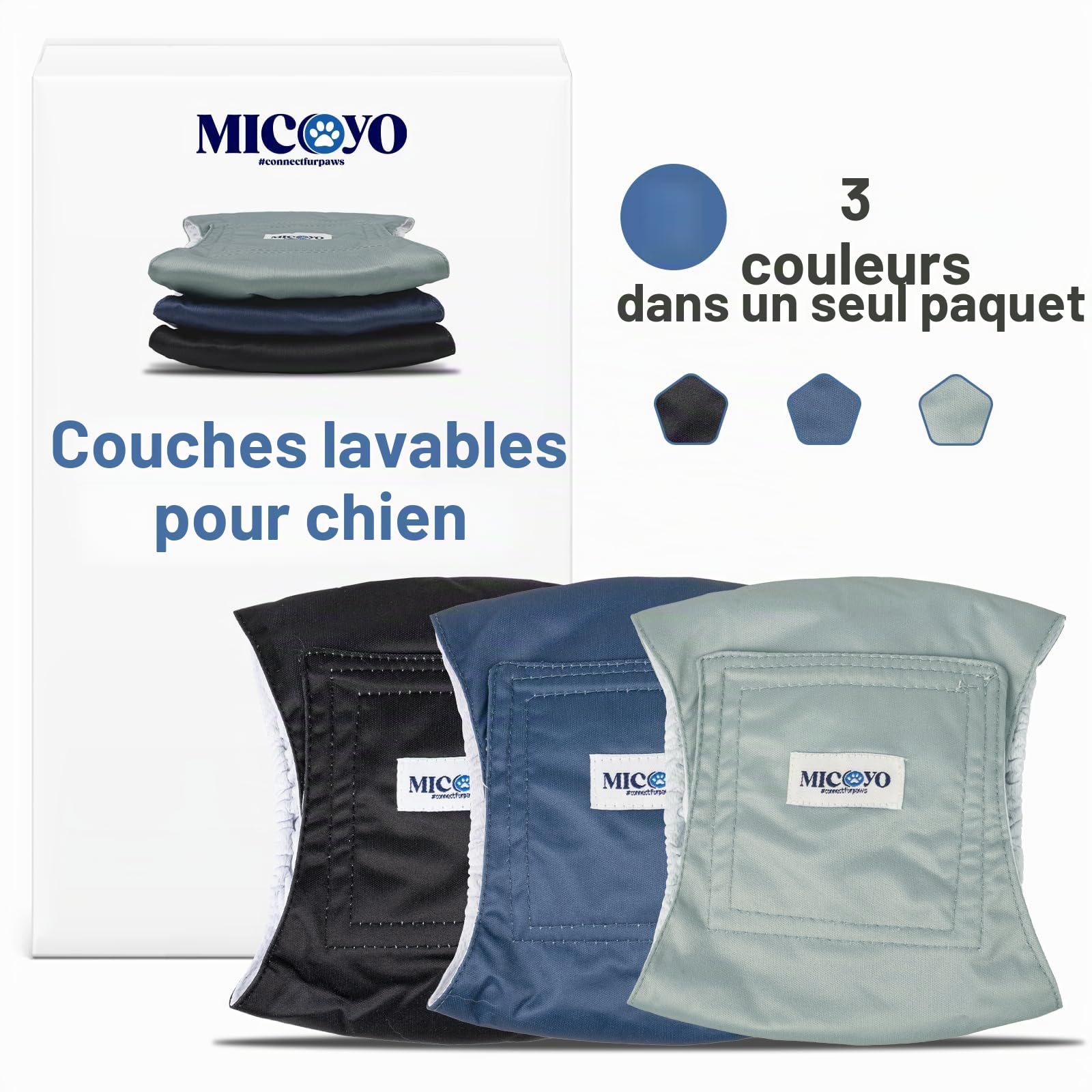 MICOOYO Couches lavables pour Chiens mâles, Couches absorbantes pour Chiens avec Fermeture à Scratch réglable fournies, Couches réutilisables pour Chiens, 3 pièces, L