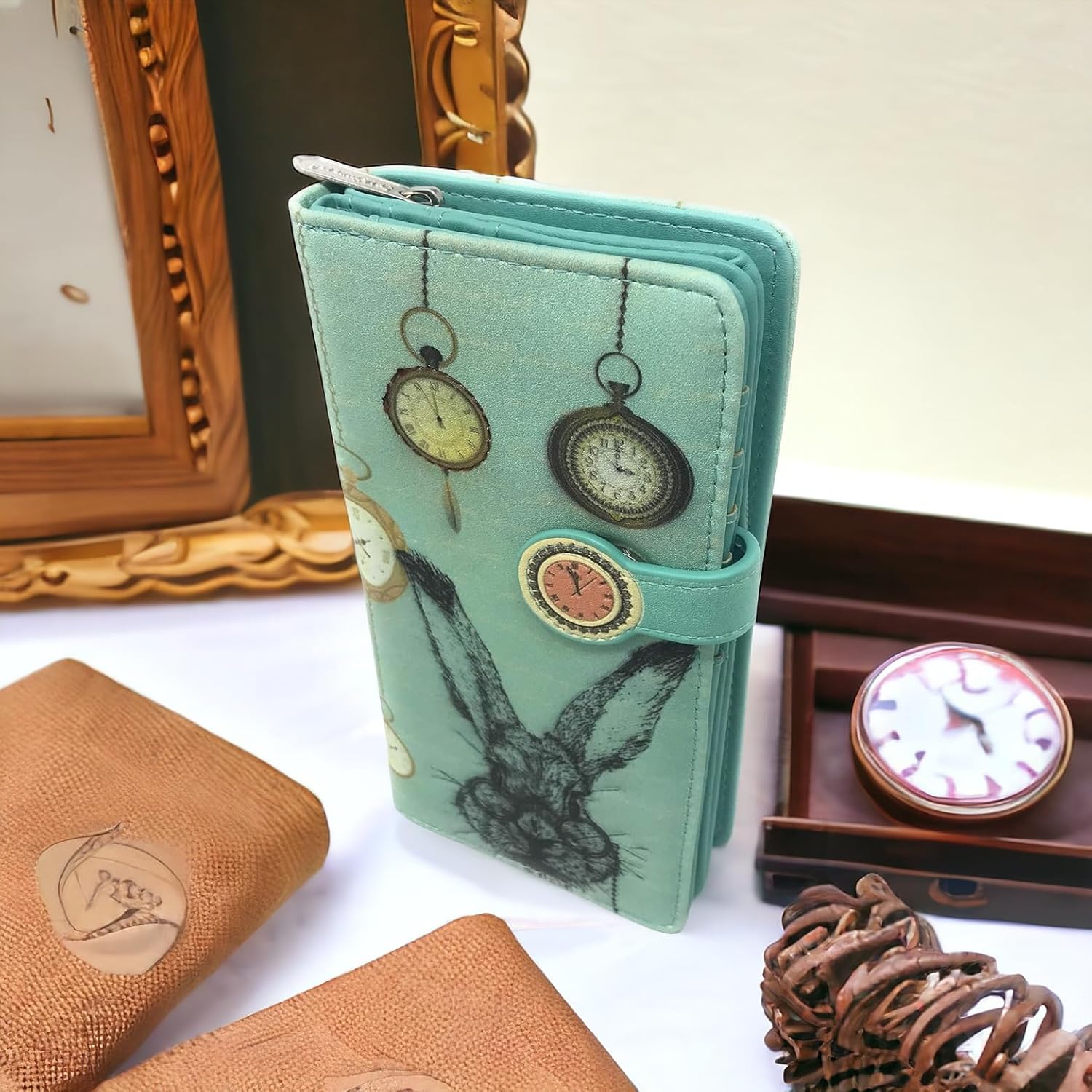 Shag Wear Pocket Watch and Rabbit Large Women’s Wallet, Vegan Faux Leather Bifold with Card Slots, Bill Compartments and Secure Snap Closure in Mint Green 7" - Image 2
