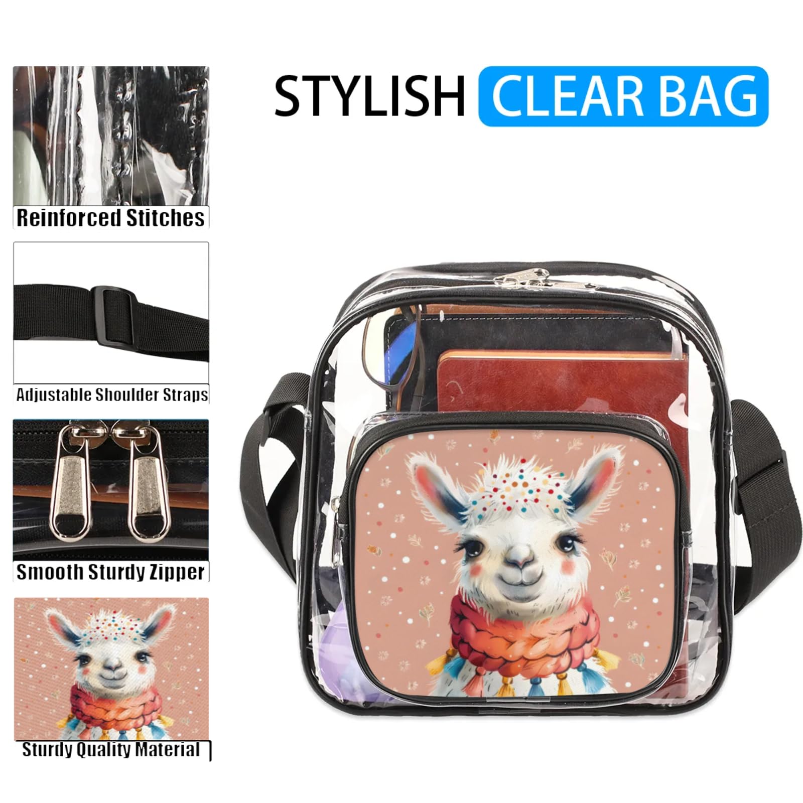 Clear Crossbody Bag Stadium Approved Cute Alpaca Transparent Bag for Festivals, Sports Events, Concerts,Beach Bag for Women Men Clear Purse with Front Pocket Messenger Bag with Adjustable Strap