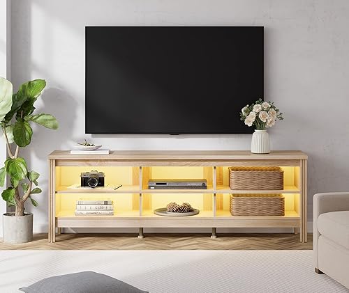 Miniatura 38 de WAMPAT Soporte de TV LED para TV de 75 pulgadas con luz LED de 16 colores, centro de entretenimiento negro para TV de más de 65 pulgadas, mesa Negro