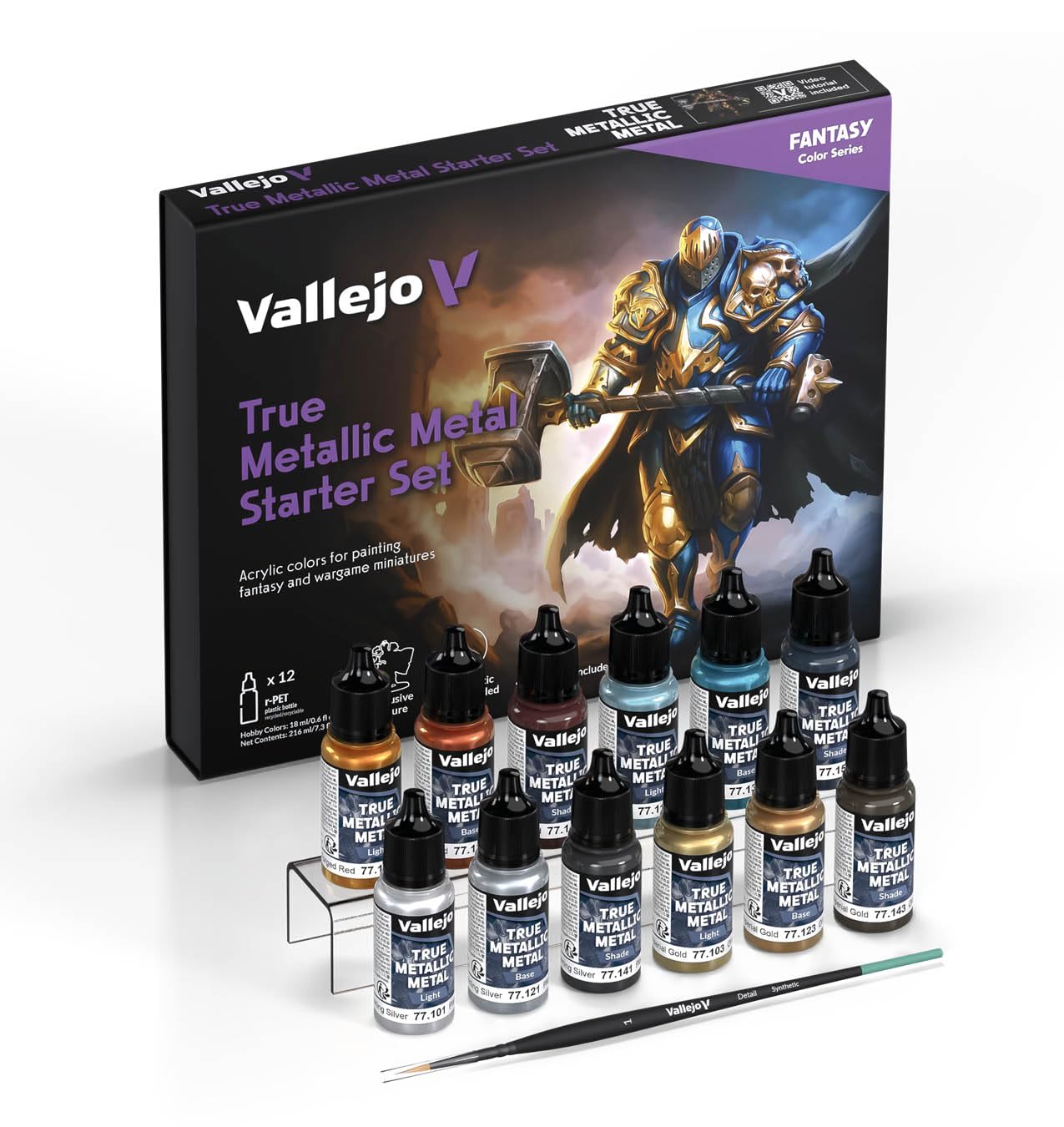 Vallejo True Metallic Metal Starter Set - Zestaw Startowy Farba Metaliczna dla Miniatur - 12 Kolorów po 18ml + Pędzel + Ekskluzywna Miniatura