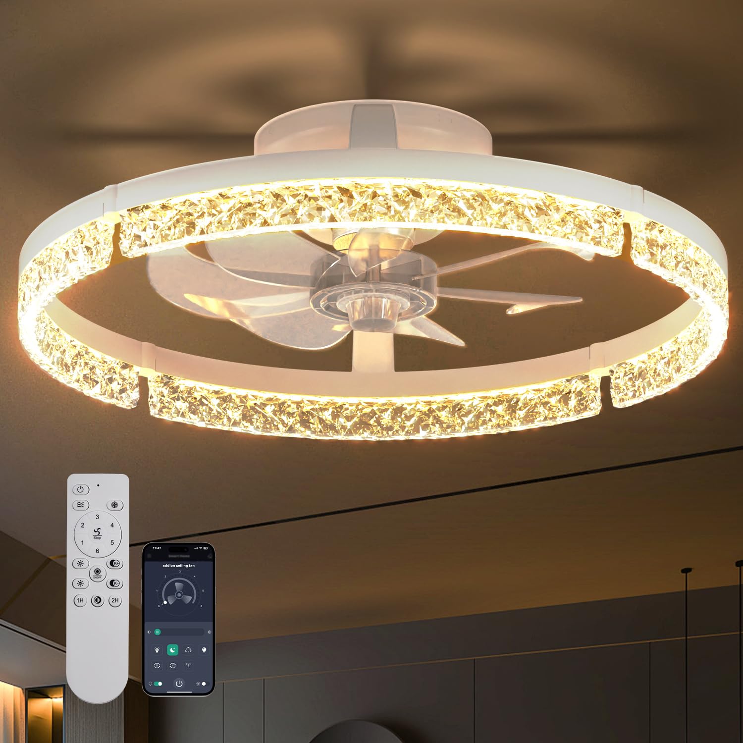 addlon Ceiling Fans with Lights and Remote, 20'' Low Profile Ceiling Fans, 3000-6000K Dimmable Modern Flush Mount LED Fan Light, Fandelier Ceiling Fan for Bedroom, Kitchen, Living Room, White