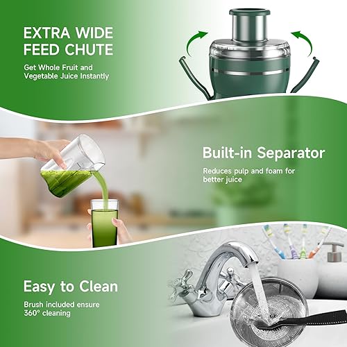 Miniatura 6 de Exprimidor verde de máquina, extractor centrífugo de 500 W con 3 velocidades y boca ancha, canal de alimentación de 3 pulgadas para frutas y