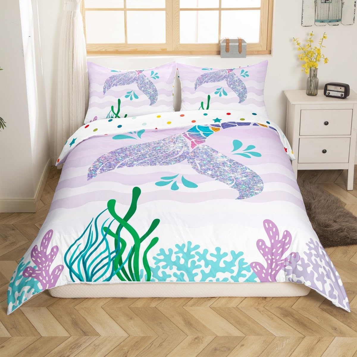 jejeloiu Mermaid Duvet Cover Toddler Size Boys Girls Ocean Marine Theme Bedding Set for Kids Fish Scales Comforter Cover Set Princess Decor Room Decor Bedclothes Zipper,No Comforter