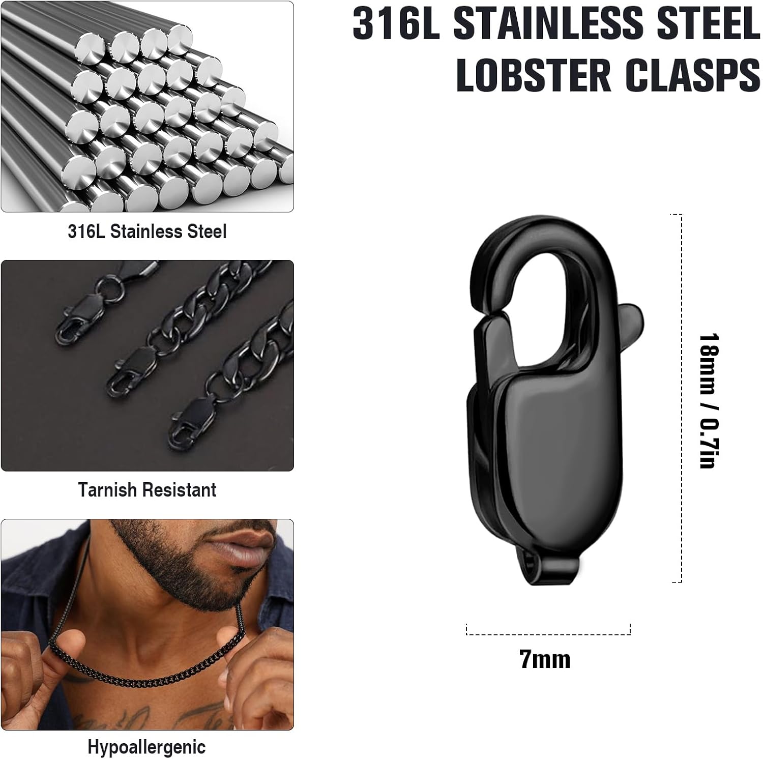 15PCS 18MM Black Lobster Clasps, 316 Stainless Steel Lobster Claw Clasps Bulk for Necklace Bracelet Jewelry Making DIY Craft