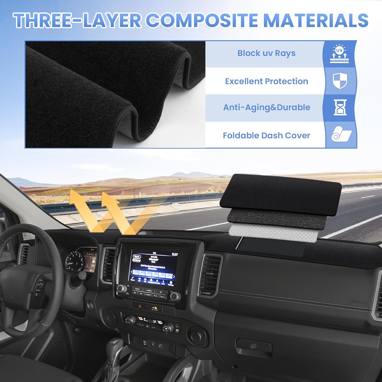 Sunsdrew Dash Cover for 2022-2025 2026 Nissan Frontier Dashboard Cover Mat for Frontier Accessories Sunshade Nonslip Mesh Protector No Glare