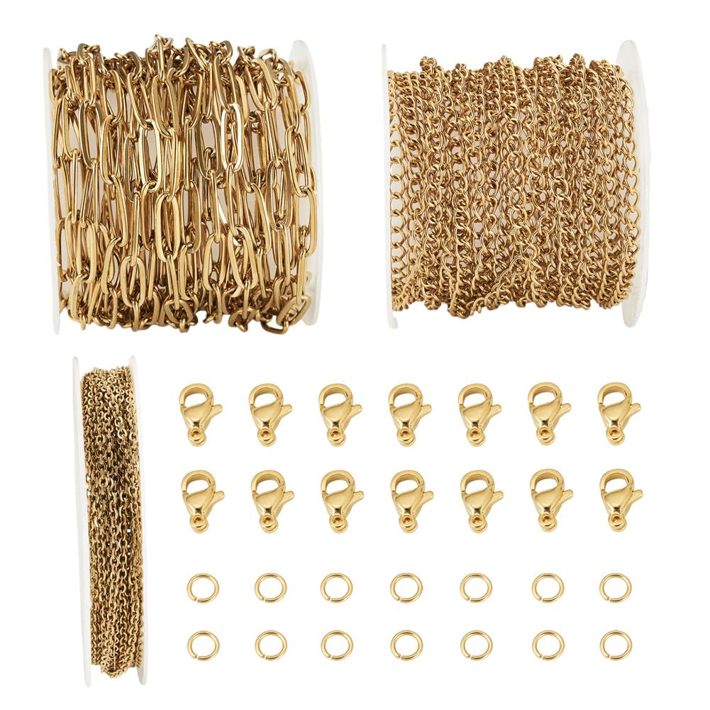 Boutigem 3 rotoli da 12 m di catena in acciaio inox dorato, kit per la creazione di braccialetti e collane, catena a maglia barbazzale ovale in metallo, per la creazione di gioielli fai da te