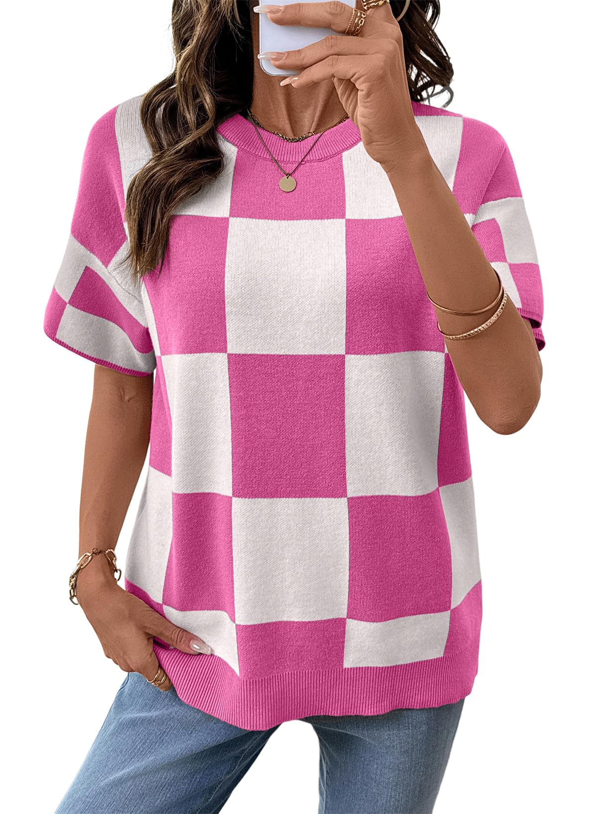 SHEWIN Womens Sweaters Crewneck Plaid Short Sleeve Sweater Oversized Tshirts Spring Outfits for Women 2026