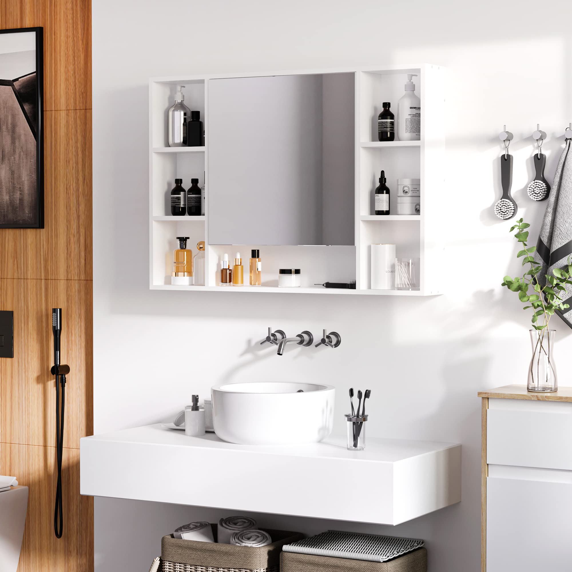kleankin Armoire Murale Salle de Bain avec Miroir, 100 x 15 x 70 cm, Meuble Salle de Bain, Armoire de Toilette avec 7 étagères Ouvertes et Placard, Porte Ouverture et Fermeture lentes, Blanc