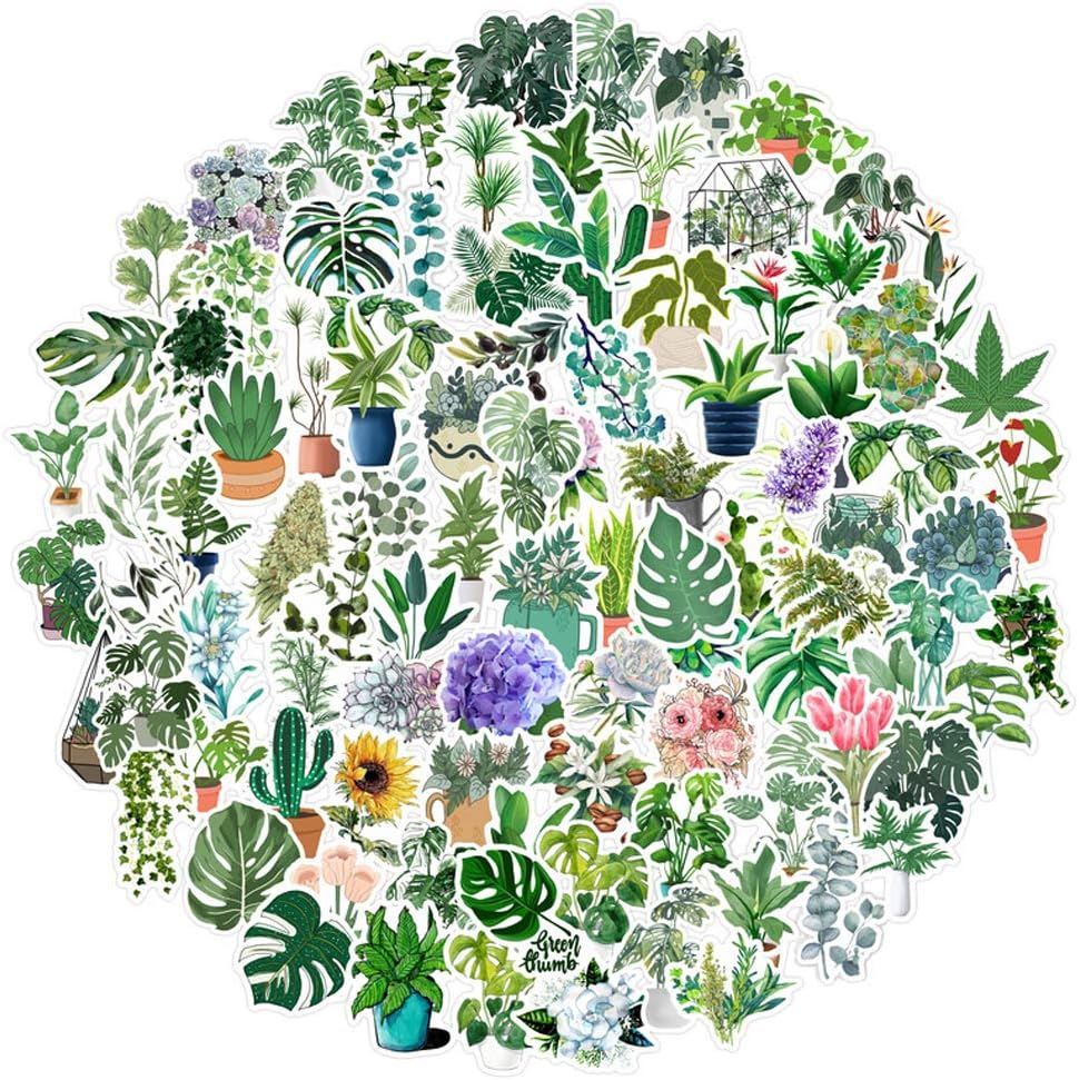 100PCS Green Plant Stickers,Potted Plant Floral Decals Stickers for Laptop Water Bottles Phone Computer Decal12345