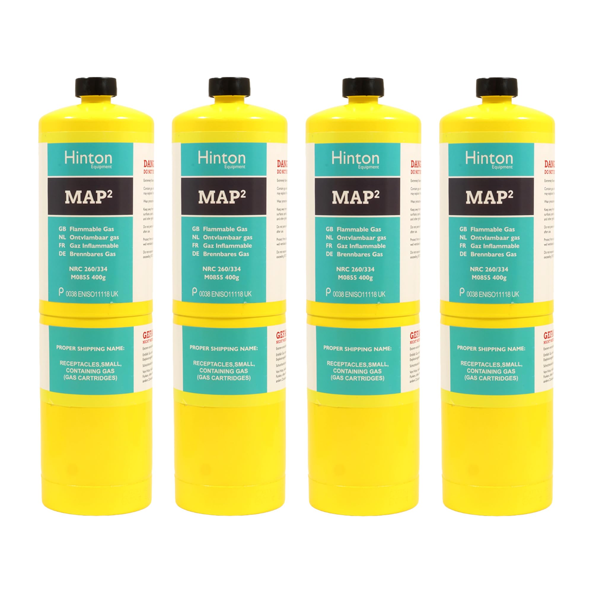 Hinton MAP PRO Gas Cylinder 400g - Pack of 4 | MAPP Gas Bottle for Blowtorch, Plumbing, Brazing, Soldering & Heating | CGA600 Propylene Torch Fuel