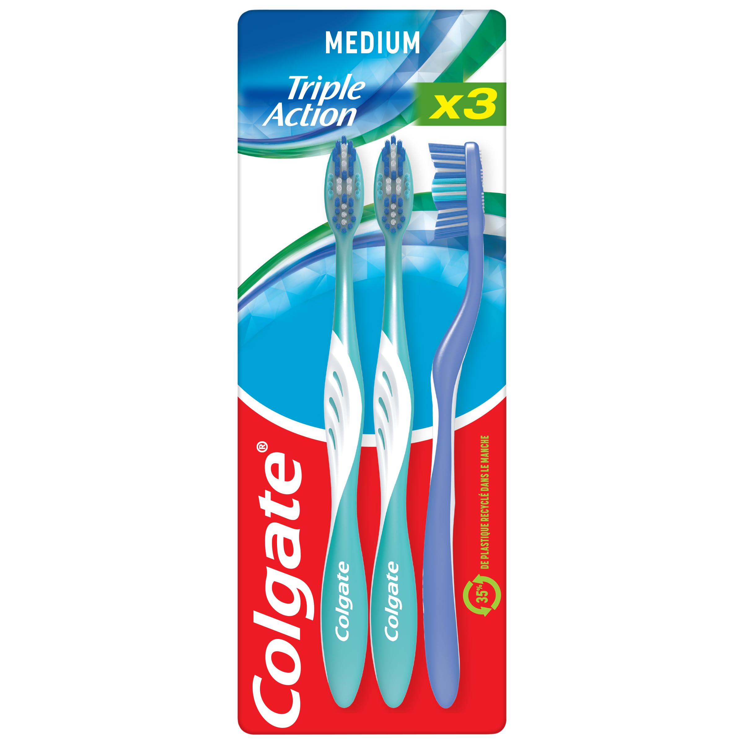 COLGATE - Brosse à dents Triple Action Médium - Nettoyage Interdentaire - Blancheur Naturelle - Haleine Fraîche - Lot de 3 Brosses