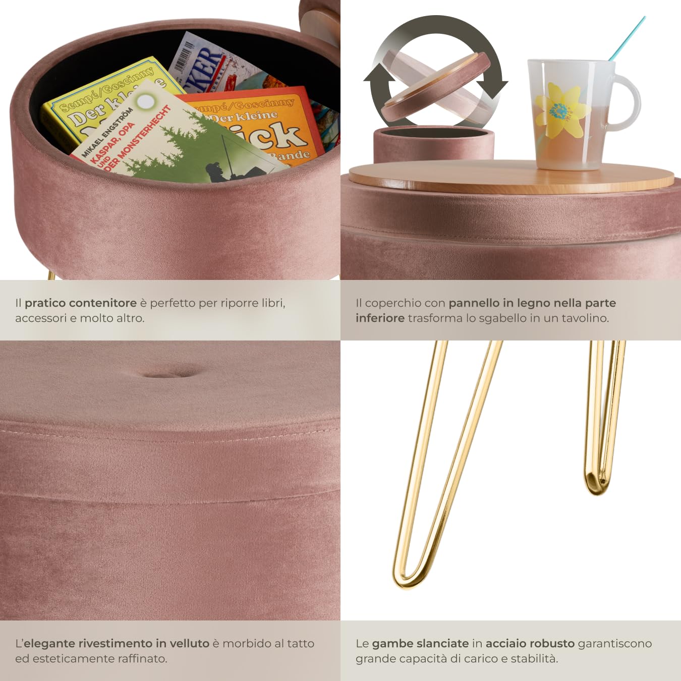 tectake® Sgabello Rotondo Vellutato, Pouf Contenitore, Effetto Velluto, Pouf Poggiapiedi, Grande Scomparto Interno, Pouf Letto, Gambe Oro Scintillanti, Capacità Massima 300 kg - Rosa