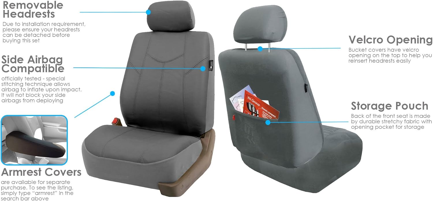 FH Group Automotive Seat Cover Rome PU Leather Full Set Gray, Airbag Compatible Combo Non-Slip Dash Pad Split Bench Tan Car Seat Cover Interior Accessories Universal Fit Car Truck SUV Car Accessories