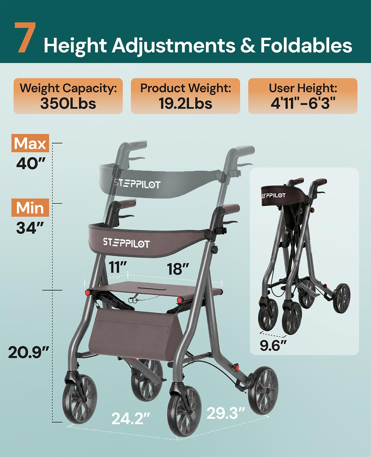 Rollator Walkers for Seniors with Seat Supports 350lb,19.2 Lbs — Amazon image 3