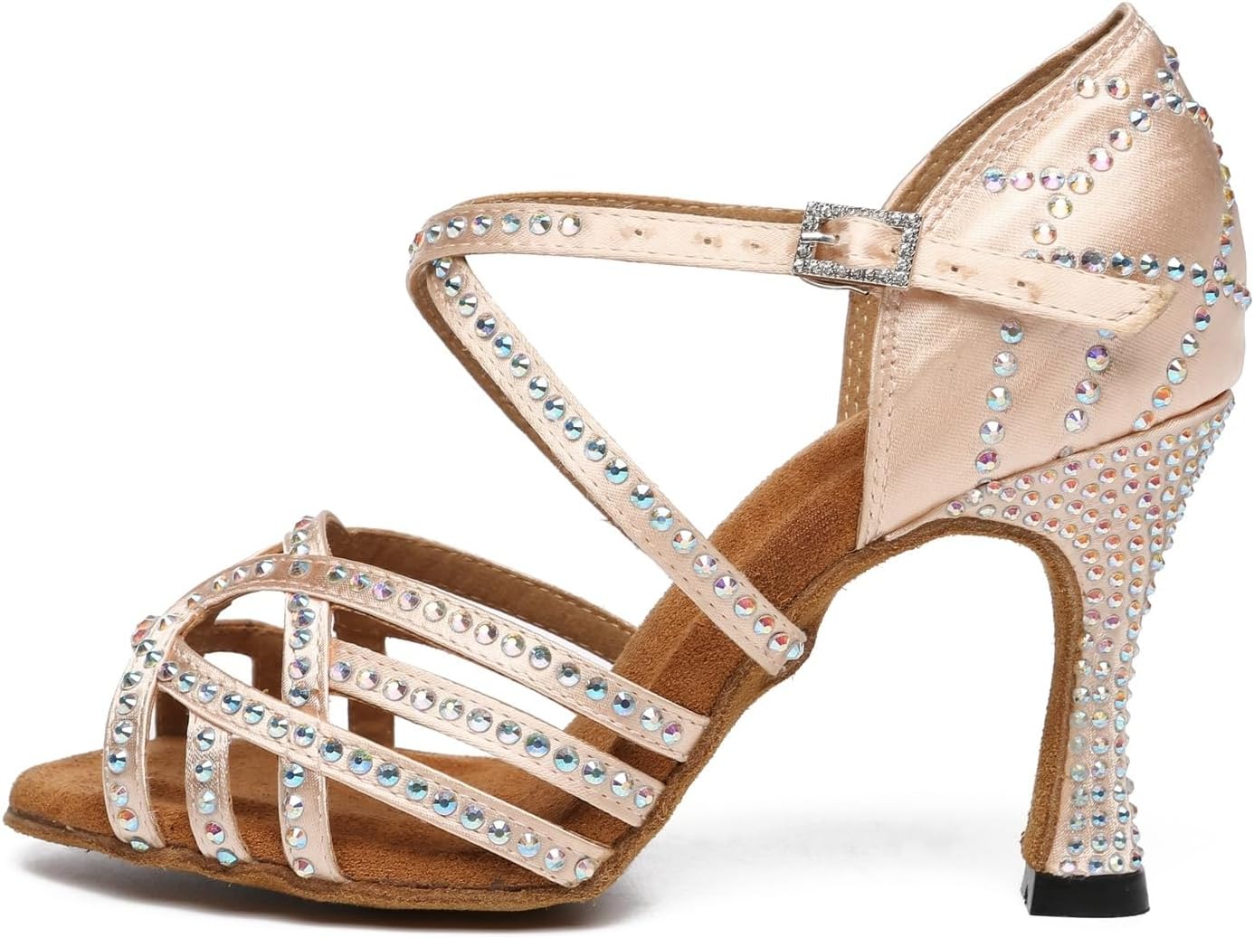 Womens Low High Heel Dance Shoes with Rhinestones Comfortable Wedding Evening Sandals