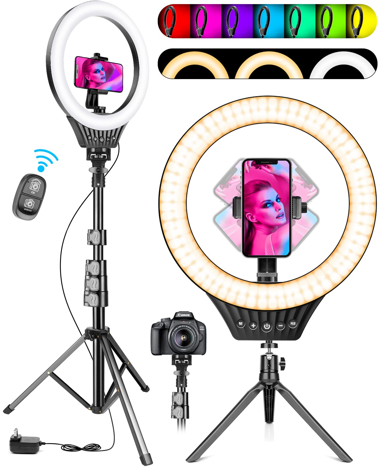 10" Ring Light with Tripod Stand and Phone Holder RGB Selfie Ring Light with 59" Stand & Desk Phone Tripod Stand,8 Dimming Levels,17 Color LED Ring Lights for Phone,Live Stream,Make Up,YouTube,TikTok