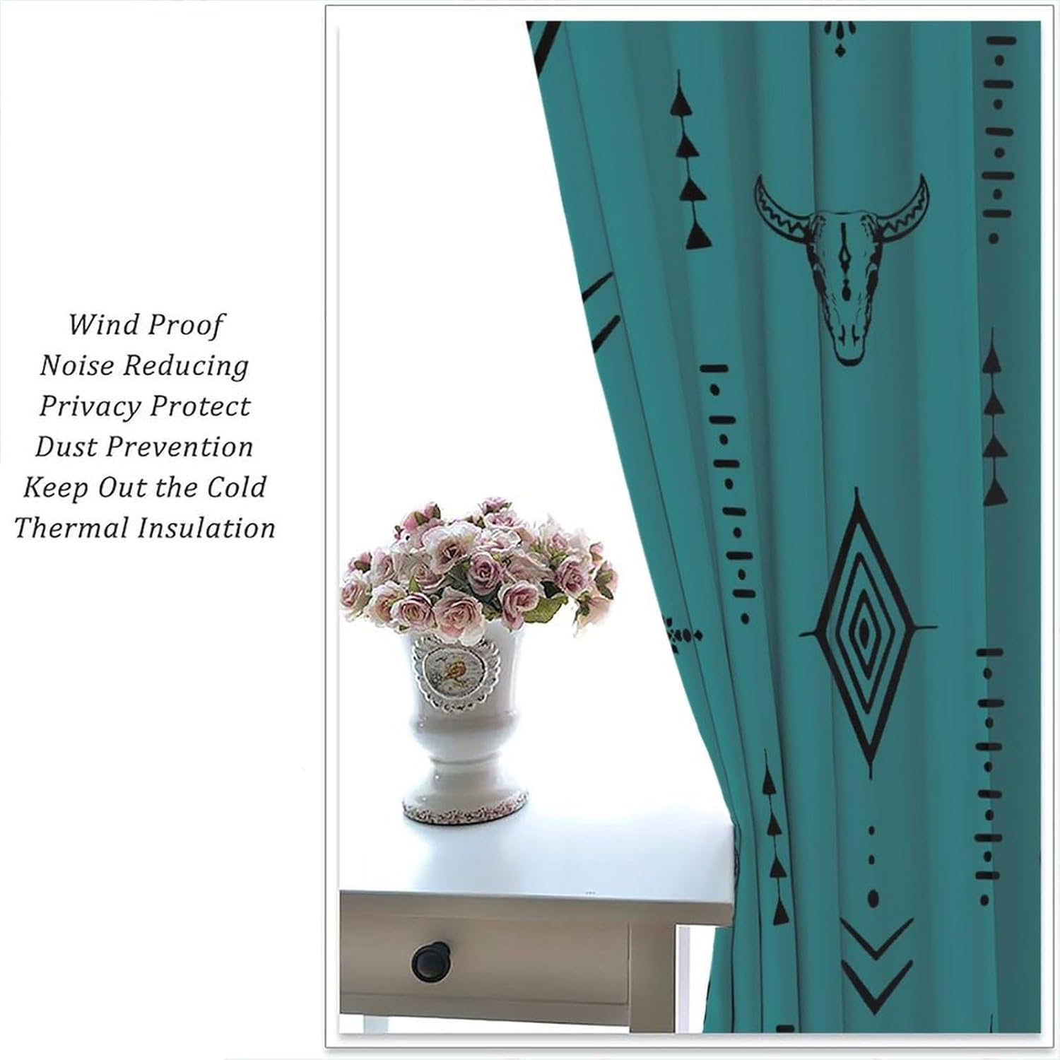 Western Cow Skull Blackout Curtains, Bull Skull Boho Aztec Native Trible Bohemian Geometric Window Drape, for Living Room Bedroom 21(W)*54(L) 2 Panels