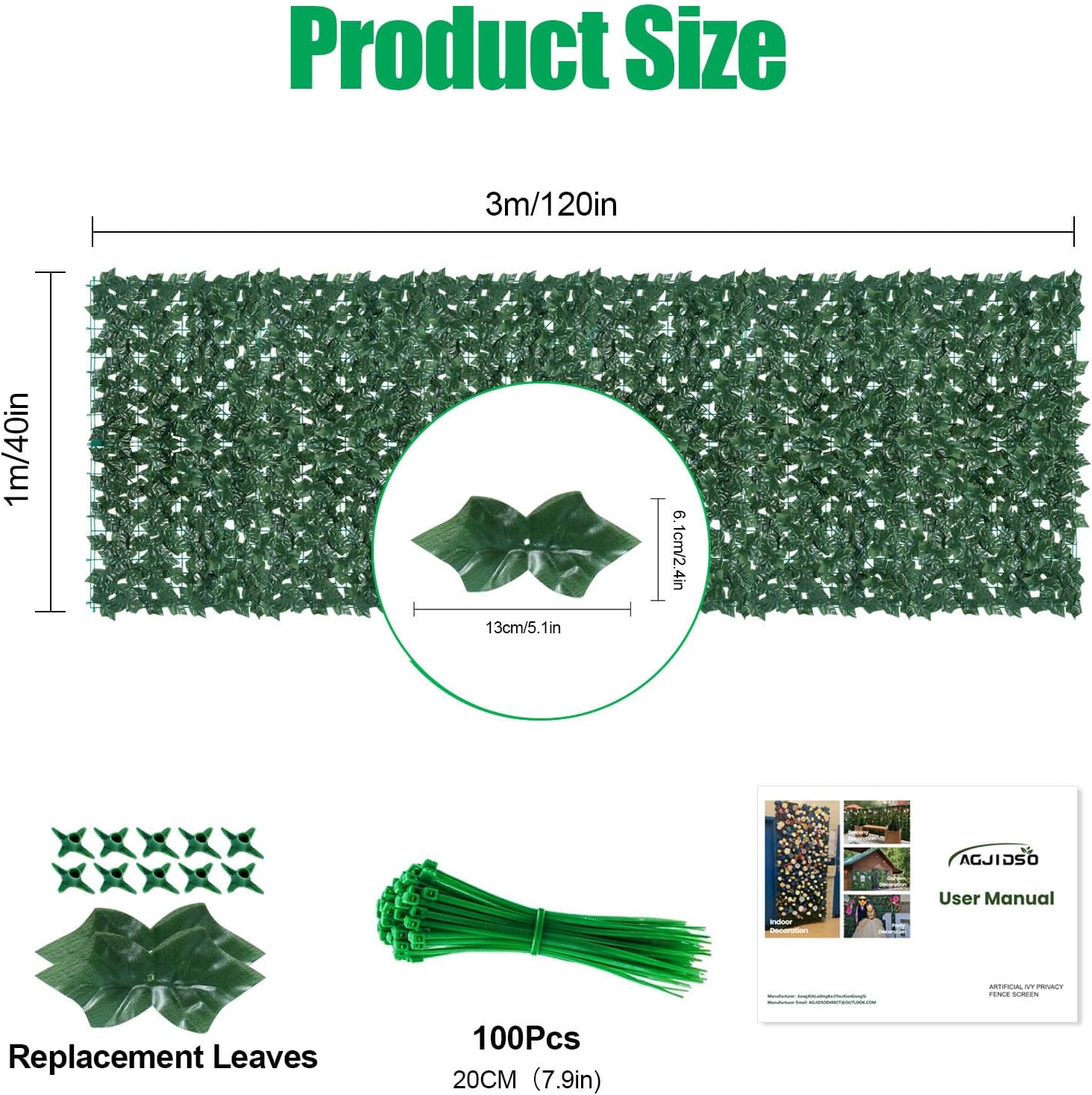 Artificial Ivy Privacy Fence Screen(No Assembly Required), 120"x40" Artificial Hedges Fence, Anti-Ultraviolet Artificial Faux Ivy Hedge for Outdoor, Garden Decor, Sweet Potato Leaves