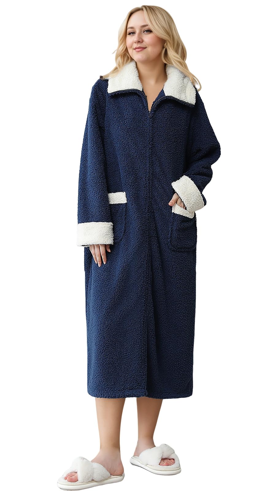 Soojun Women's Full Front Zipper Long Robes with Pockets Fuzzy Bathrobe