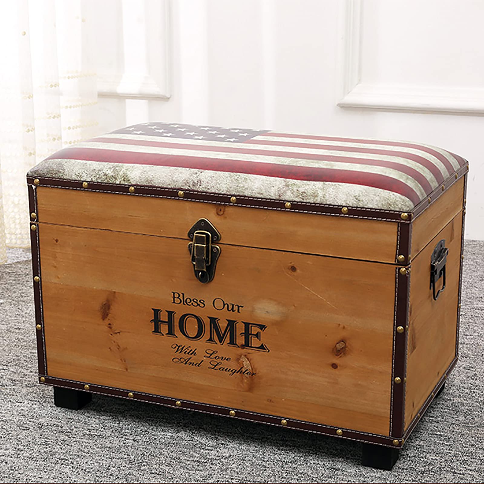 SXZenSpace Country Style Storage Ottoman Bench,Faux Leather Upholstered Bench Seat Farmhouse Bench,Livingroom Entryway Rectangular Shoes Changing Stool Chest-V(new) 55x32x40cm(22x13x16inch)