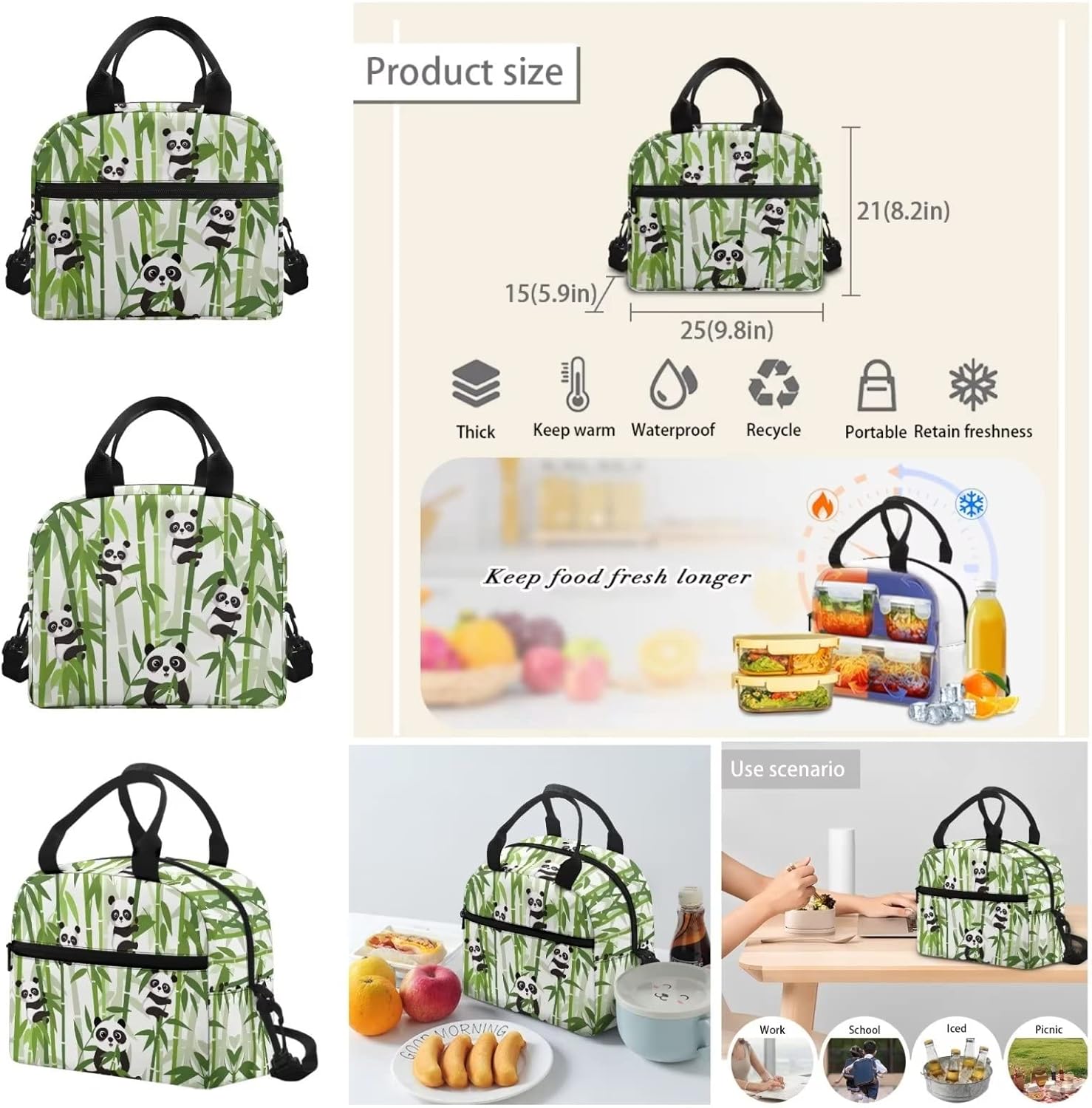 Renewold Bamboo Panda Print School Backpack Set Casual Athletic Camping Backpacks Set Bookbag Book Bag Lunch Box 2pcs for Kindergarten Primary Middle School Student