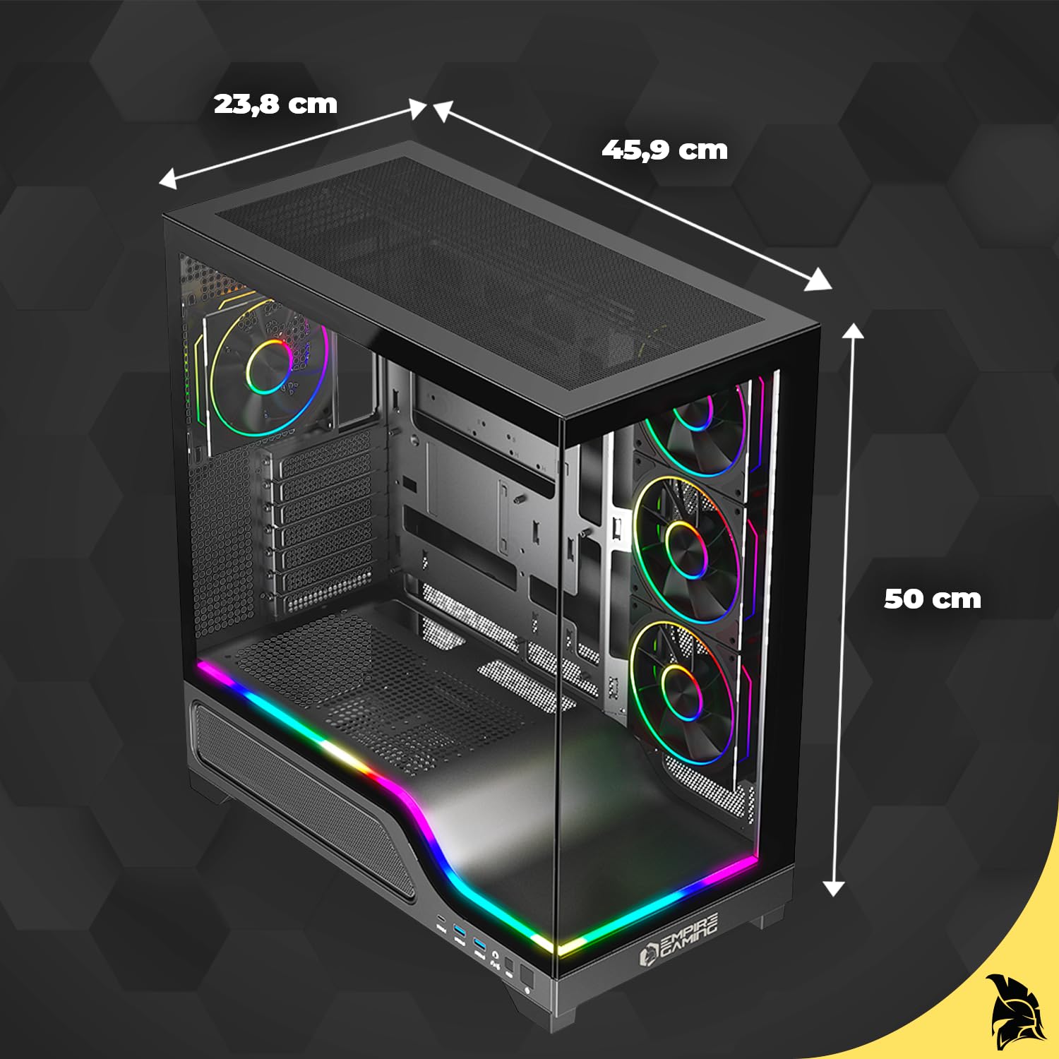 EMPIRE GAMING EC259 - Case PC Gaming Mid Tower spazioso ATX/mATX/ITX, Doppio Vetro Temperato Panoramico, ARGB Integrata (Striscia LED + 4 Ventole 120 mm + HUB PWM), GPU XXL 440 mm, AIO 360 mm, USB-C