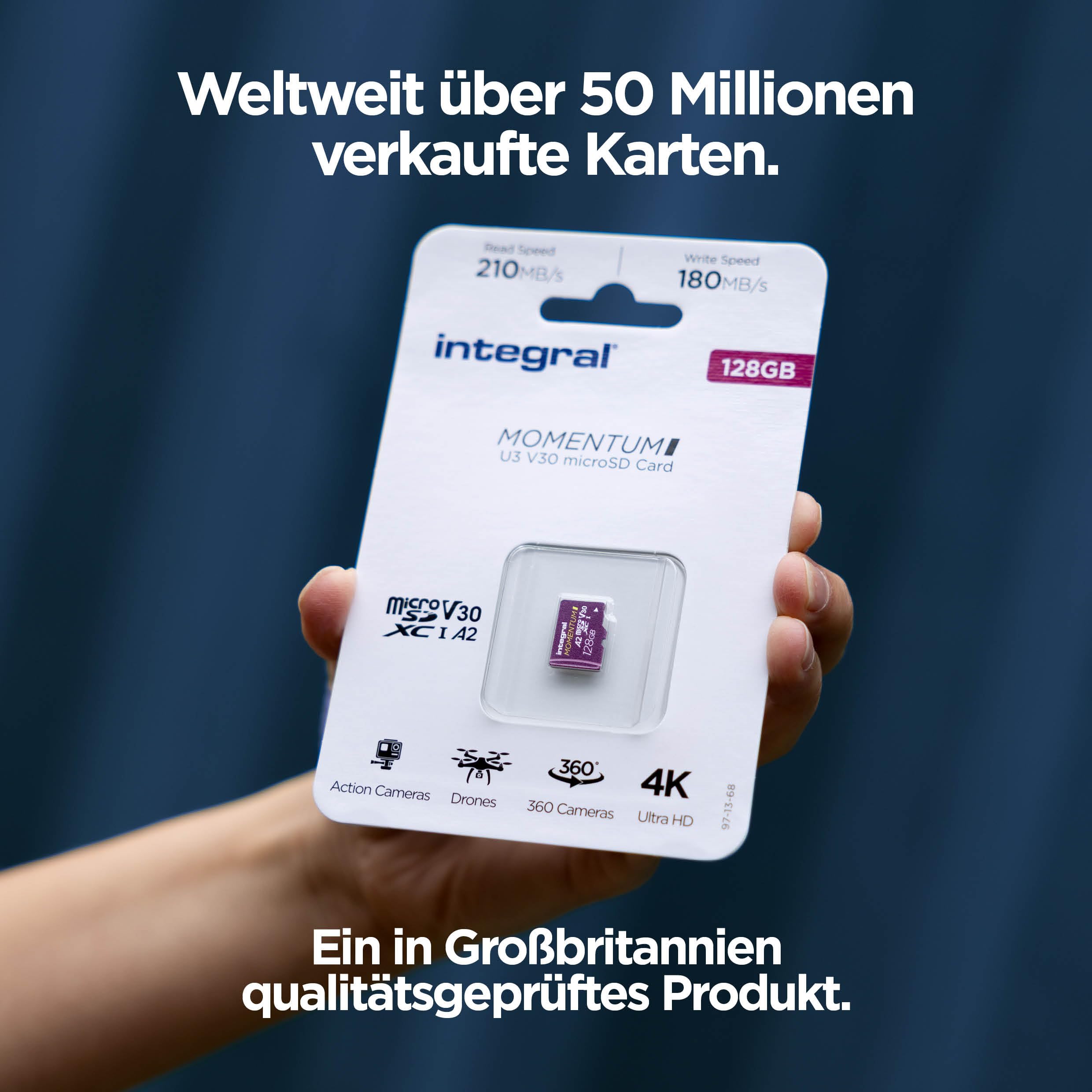 Integral Momentum I 128 GB microSDXC-Karte – bis 210 MB/s lesen, 180 MB/s schreiben, V30, U3, A2 – 4K/5K UHD für GoPro, DJI-Drohnen, Action- & 360°-Kameras – wasserdicht, stoßfest, robust