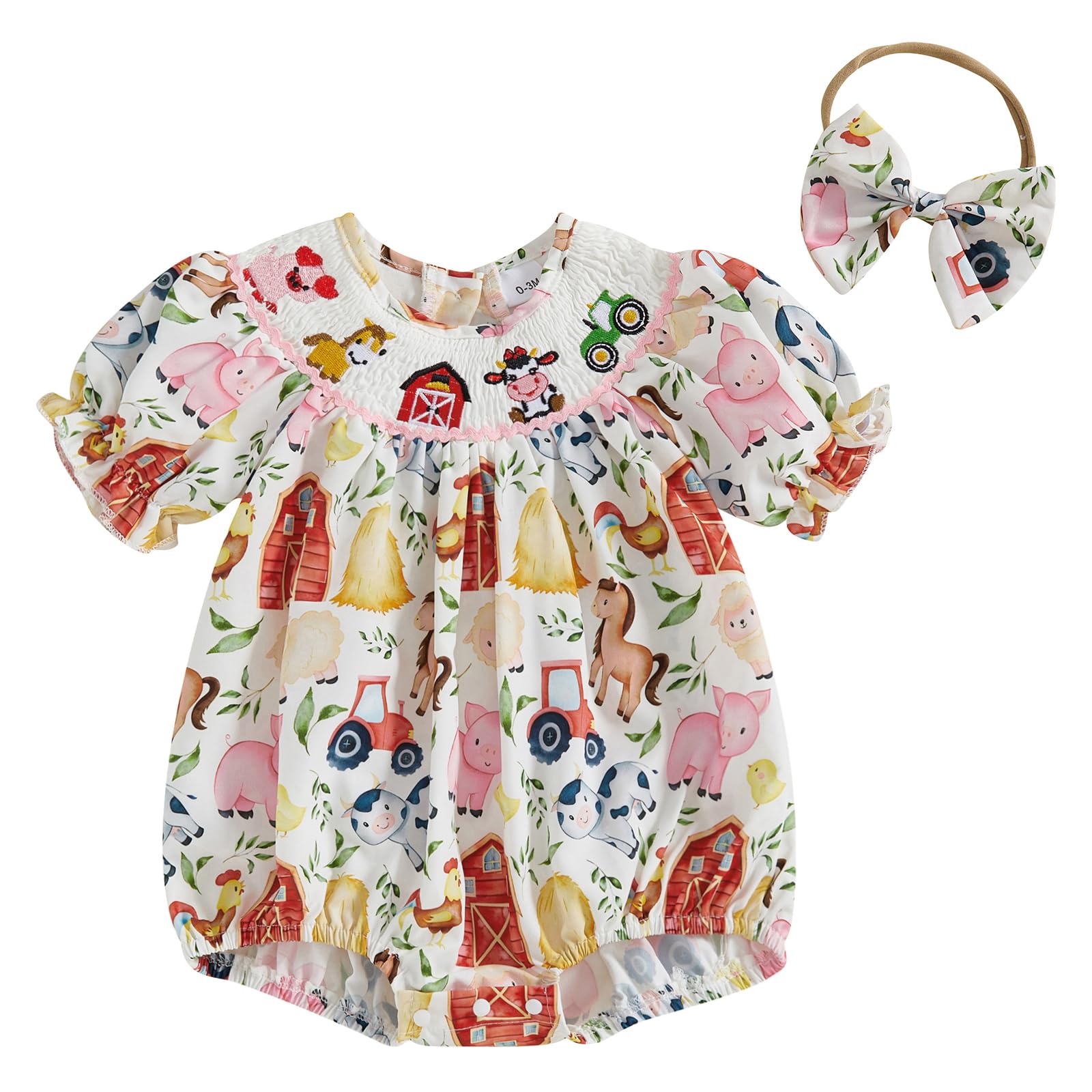 Baby Girl Smocked Romper Bow Tractor Print Bodysuits Jumpsuits with Headband