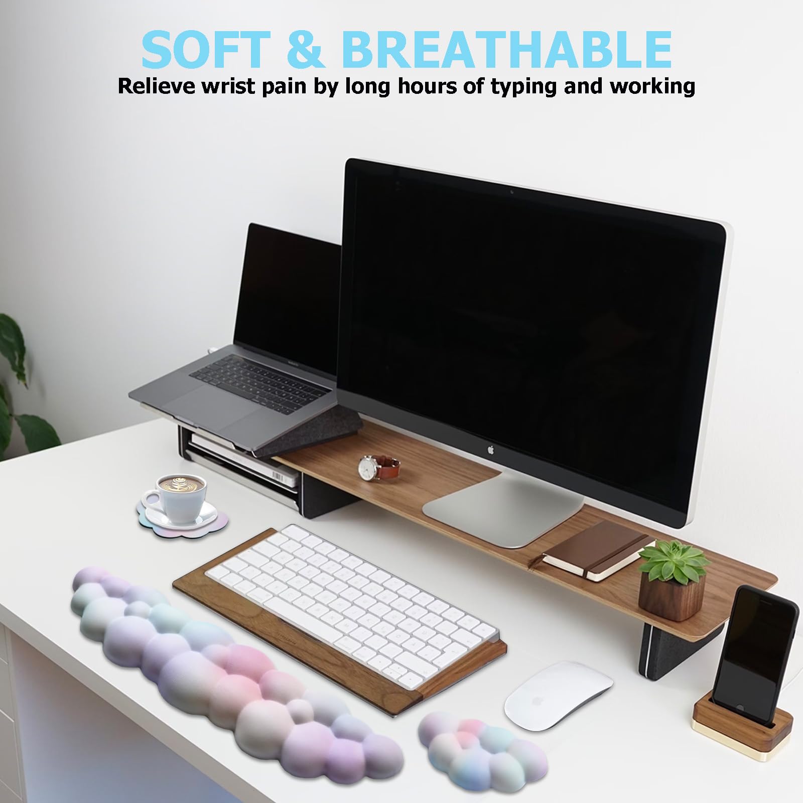 Teclado con reposamuñecas de piel sintética, soporte de muñeca de espuma viscoelástica para teclado de computadora, almohadilla ergonómica y bonita almohadilla de mouse para juegos, oficina