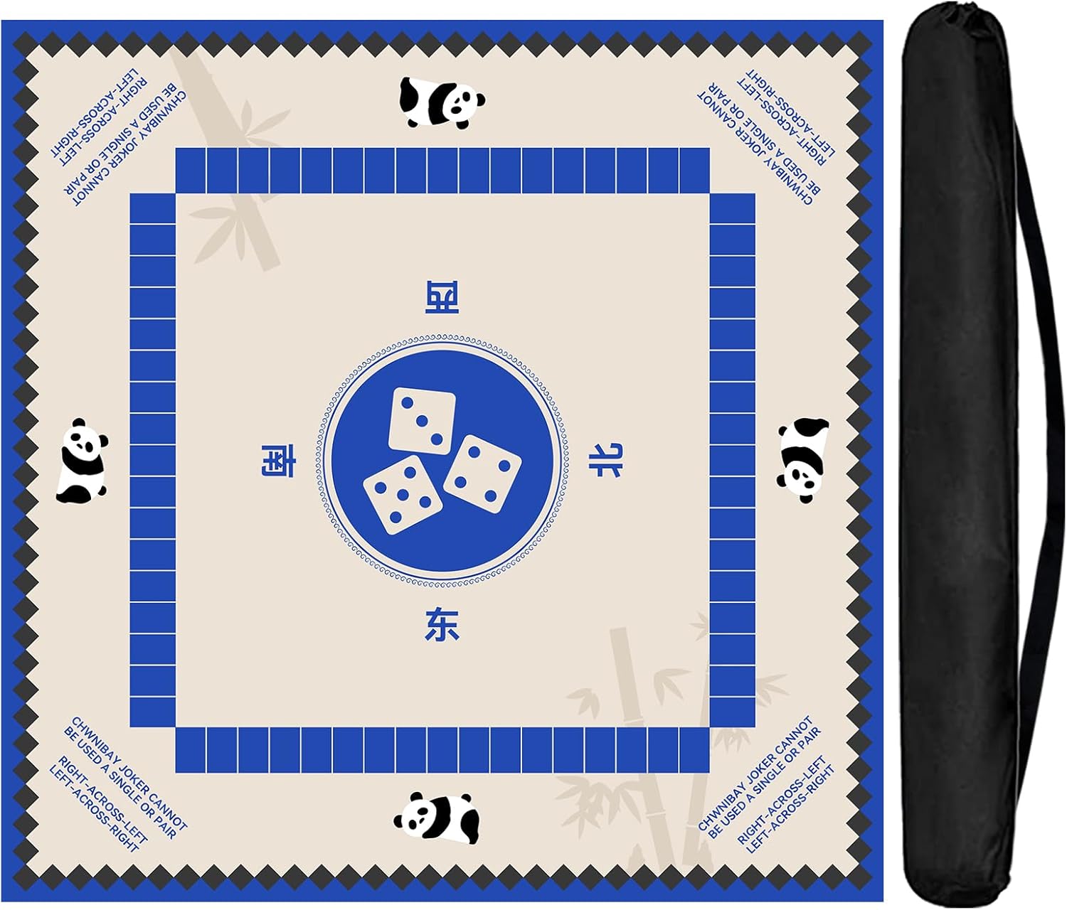 31.5 Inch Mahjong Mat for Table, Panda Bamboo Chinese Style Non-Slip & Noise Reduction Gaming Mat Perfect for Mahjong, Poker, Board Games, Card Games, Tile Games and Dominoes Carrying Bag (Blue)