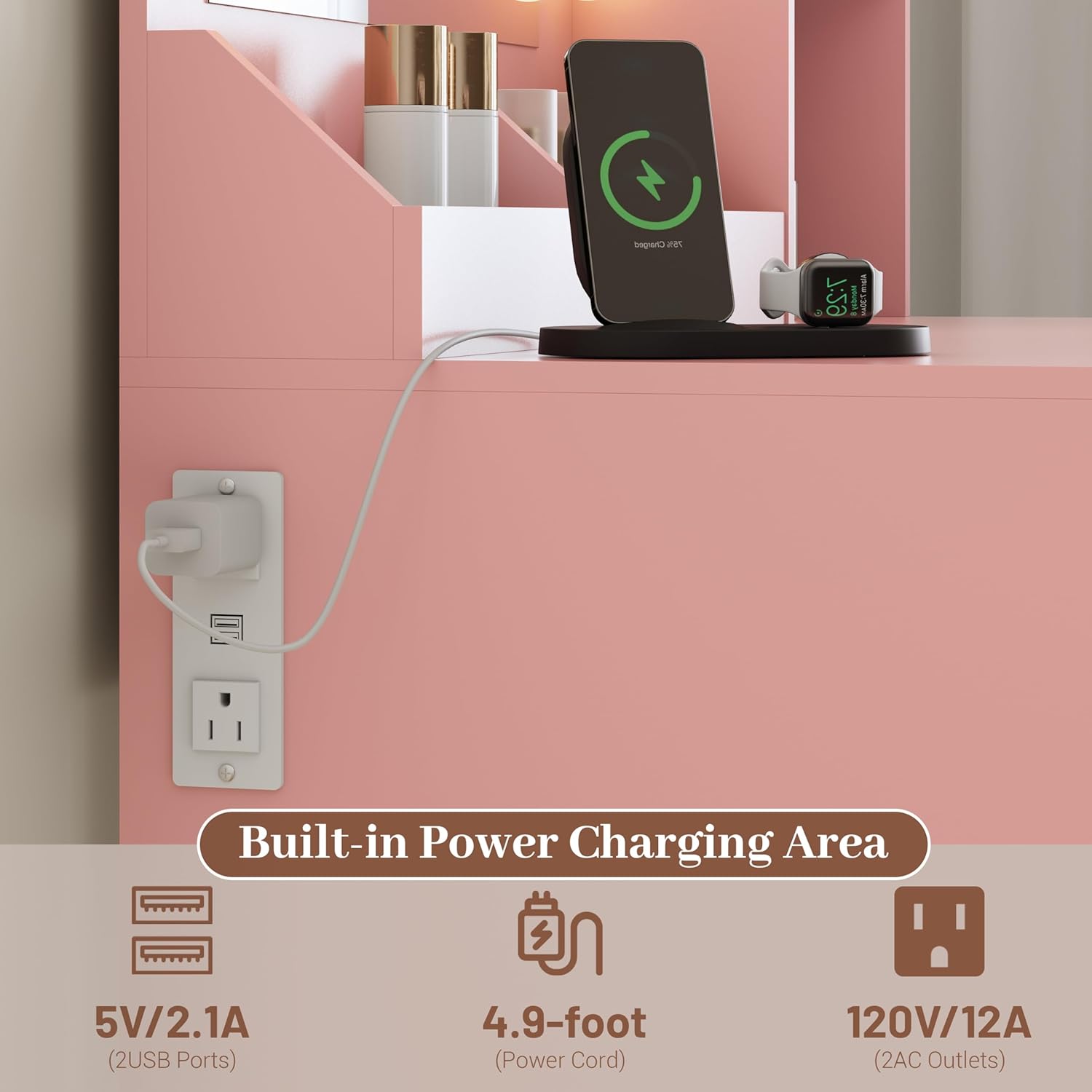 Makeup Vanity with Mirror and Lights, 34''W Dressing Table with Charging Station & RGB Glass Cabinet, Small Vanity Desk with 3 Color Lighting Modes & Adjustable Brightness